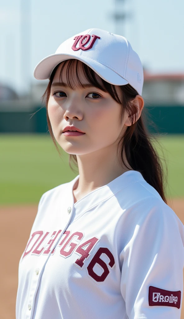 Extreme close-up of beautiful korean female, 34 inch breasts size, wearing baseball jersey, in the baseball game, UHD