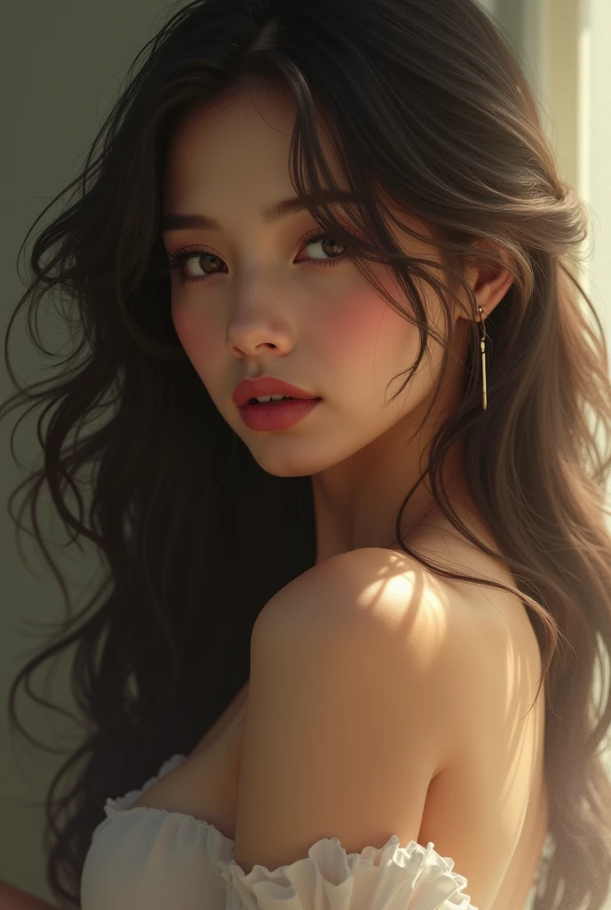 Filles porno,19 ans, seulement, cheveux longs, regarder le spectateur, cheveux brun, yeux marrons, bijoux, visage uniquement, un collier, hors des épaules, Chandails, Réaliste, Sexy,