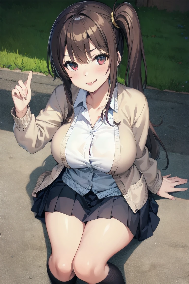 (masterpiece、highest quality、High resolution、realistic pictures、real looking skin:1.1), (She is wearing a tight gray knit minidress with long sleeves。.:1.5), (There is a small gap in the chest of that dress.、I can see the cleavage.:1.5), 1 Japanese woman, beautiful eyes, shining eyes, brown hair, medium long hair, OL, whole body, (少し足を開いてベンチに座りパンティーをI々I'Iはそれを人に見せています:1.8), (I々Pants are clearly visible when viewed from the front:1.5), (both hands are on the bench: 1.5), (brown knee-length boots:1.5), (fancy pattern panties: 1.5), (provocative and grinning expression:1.5), (The location is an amusement park bench..:1.5), NSFW