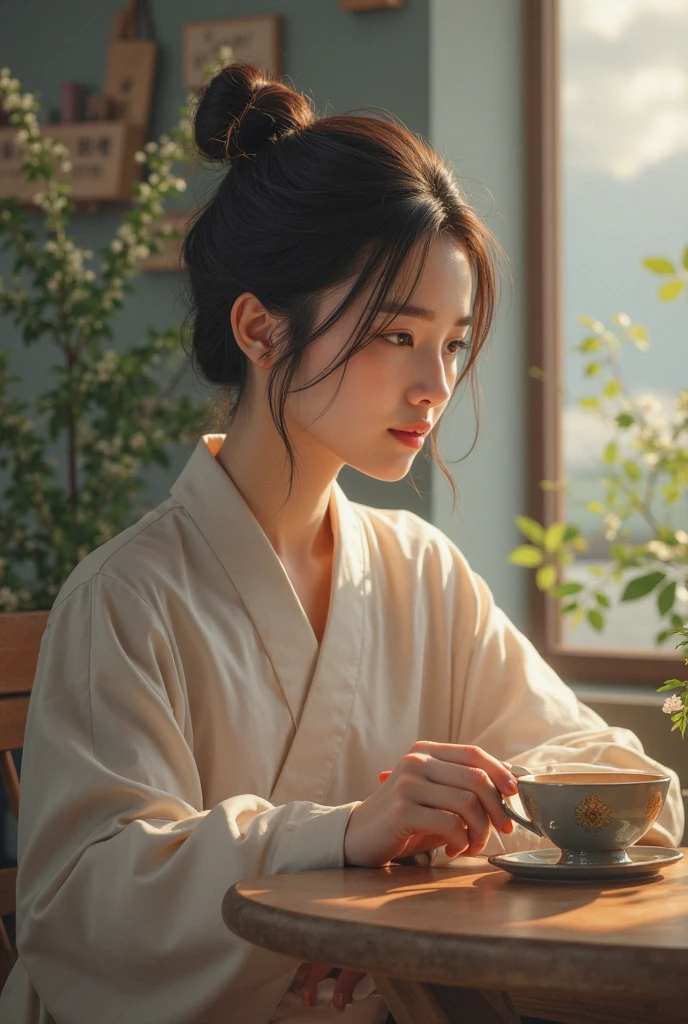 (Classic style,Real picture,Excellent portrayal),(Approximately equal to a set of cinematography screenshots):Two eyes through the window,Orange-yellow lights shine on the face and on the curtains,Close-up view extracts ice quark coffee from hand,Or left arm and palm prints on windows。The screen expands outward,The flowing streetscape of the city floats by,Under the lights of this city,The girl with flashing eyes stepped into the formal work,Full of fighting spirit。