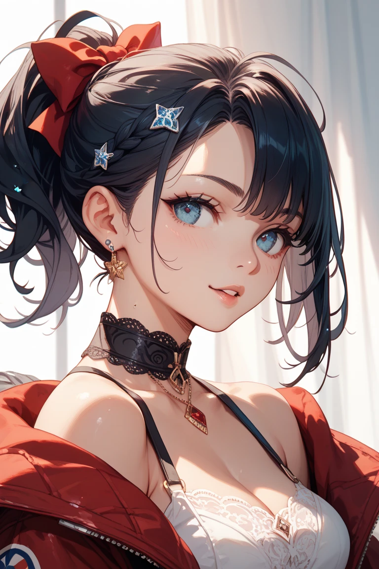 woman((30 years old)), hair((black, wavy)), blue eyes, bright cute eyes、Crowsex Maradores, long sleeve), accessories ((chocker, earrings)), huge breasts, Classic bedroom, pirate ship,coy smile,(saggy breasts)