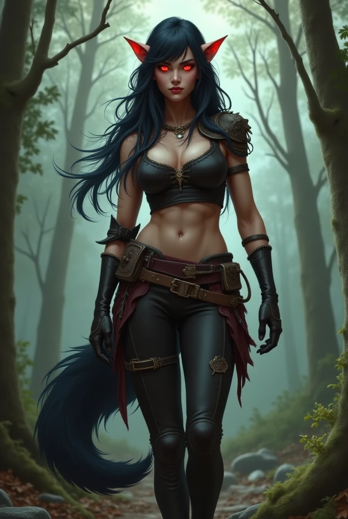 Muscular werewolf with big boobs and big ass, tight winter clothing, dark green hair