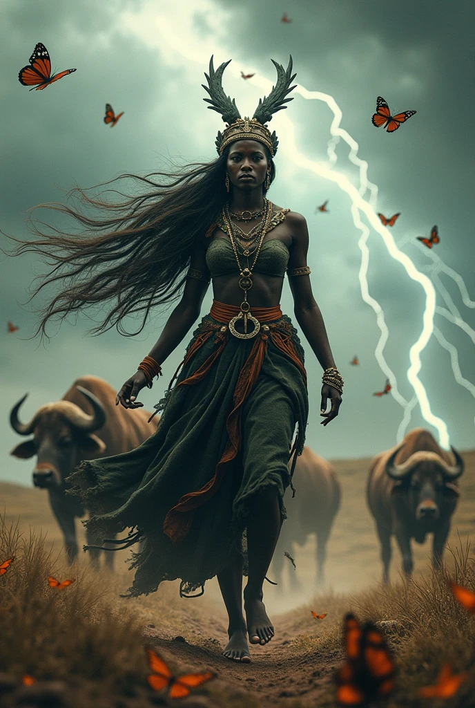 A woman of African ethnicity with curly hair wearing a red robe, on his head a golden crown, on your neck jewelry and on your arms copper bracelets, she is hugging a buffalo lying on the ground, In the background you can see tornadoes and lots of lightning falling from the sky and the whole scene takes place in a savannah biome.