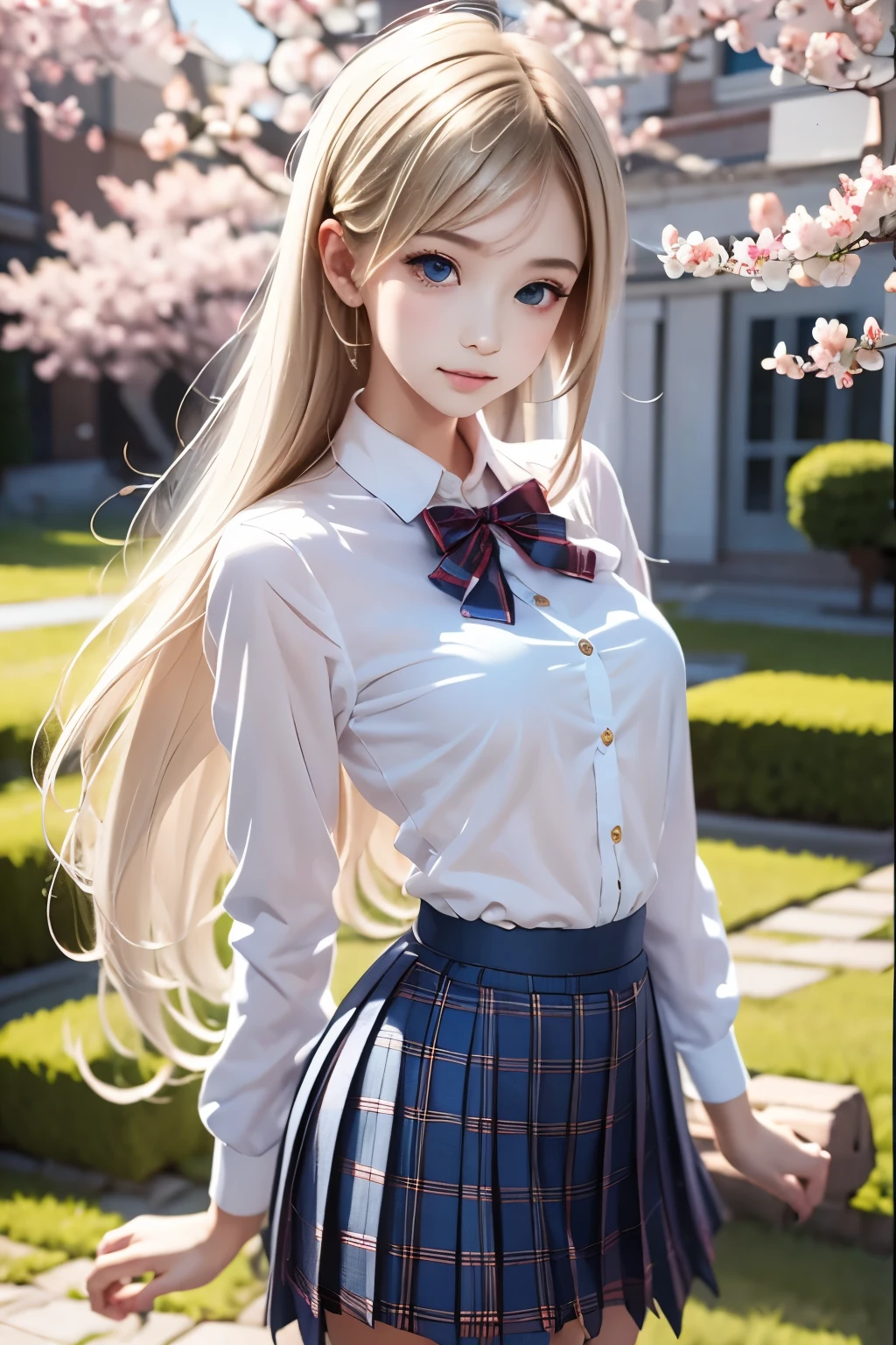 masterpiece,best quality,very detailed,photorealistic,realistic, Ultra High Resolution, Masterpiece,pretty girl,small breasts,elegant,Age 15,long blonde,skinny,Completely,slender,so cute,blazers,school uniform,white shirt,tie,plaid skirt,socks,cherry blossoms in full bloom,Cherry blossom trees,Cherry Blossom Viewing,garden, correct handshake,Active Poses,Outdoors