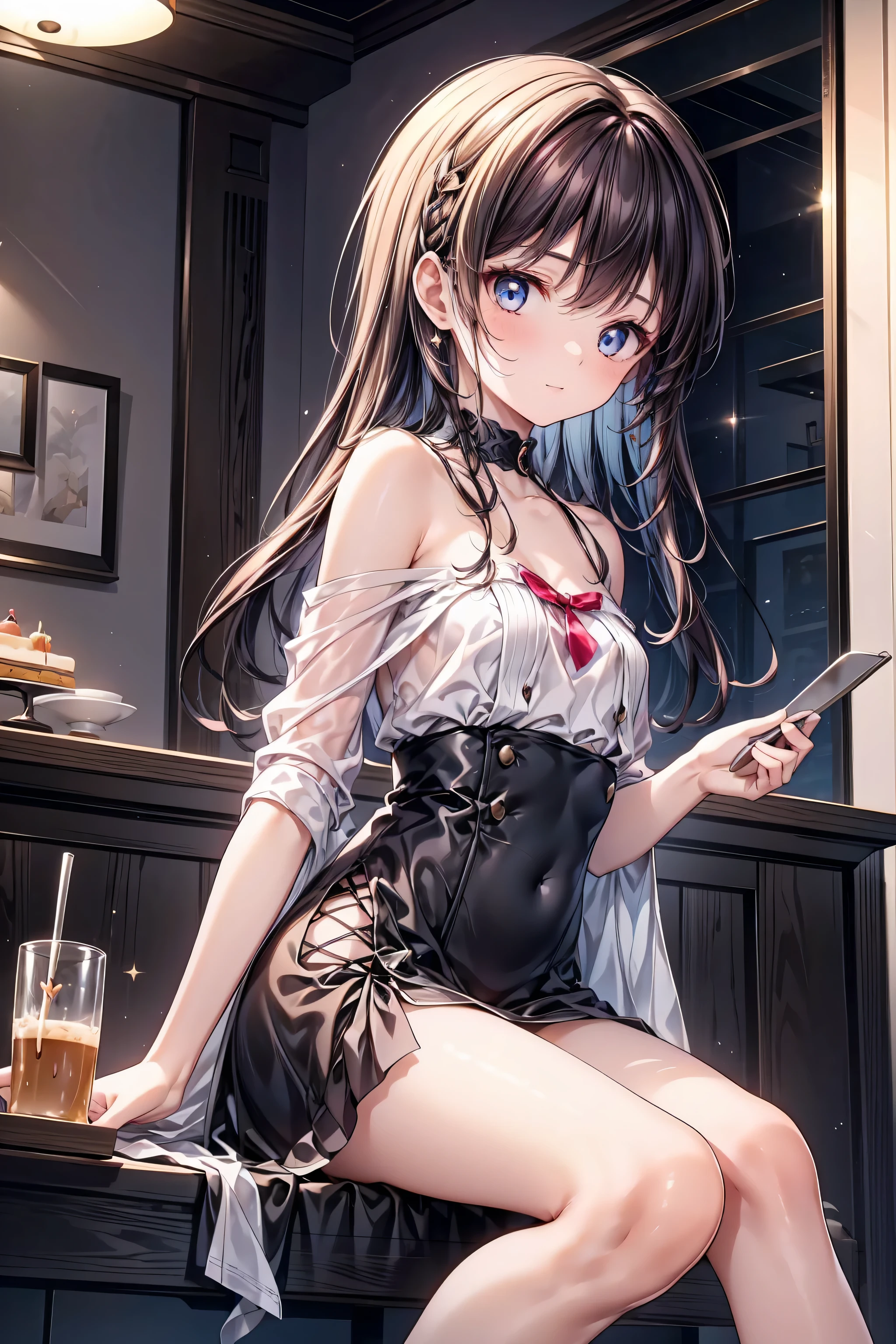 (best quality,masterpiece:1.2,detailed details,4k),A dim old apartment, a small birthday cake on an old wooden table, a modern apartment, an alarm clock on the wall, an anime scene,
A girl with modern gothic makeup, fair skin, modern clothes, black eyeshadow, a tank top, a sexy body, earrings and lip studs, fishnet stockings, posing in an attractive pose, kneeling on the wooden floor, a loving expression
Upward shot