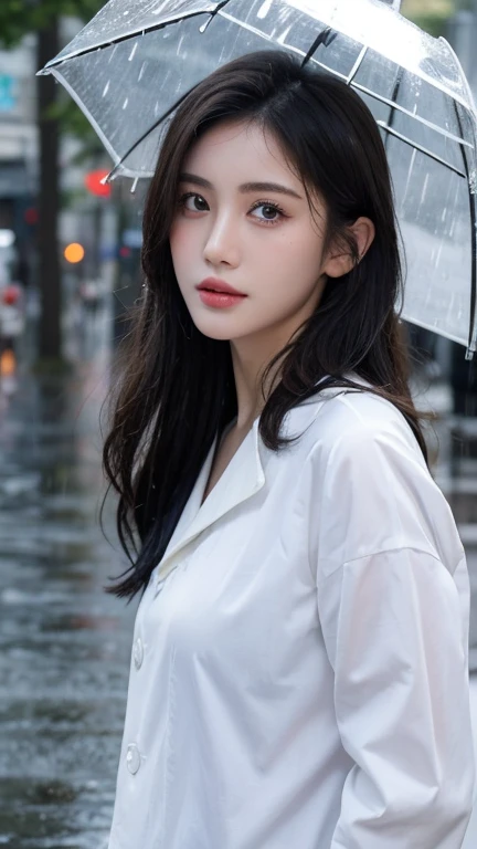 Mix 4, (8K, raw image, Highest quality, Masterpiece: 1.2), (realistic, realistic image: 1.37) ,1 woman, cute, high school student, rain, wet, professional lighting, Photon mapping, Radio City, physical performance, whole body, big breasts, The top crop button is tight.