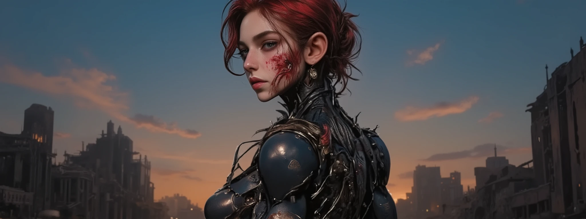 A woman in power armor and leather body suit, full body side profile. She is severely injured and bleeding, her suit is ripped and her power armor is broken and nearly destroyed. Her expression is grim, adding to a sense of power in the image. She has short hair with red tips. The overall atmosphere is dramatic and dark, the background features a silhouette of urban ruins against a twilight sky, contributing to a dystopian theme. The low-angle view enhances the strong and daring feel of the image.