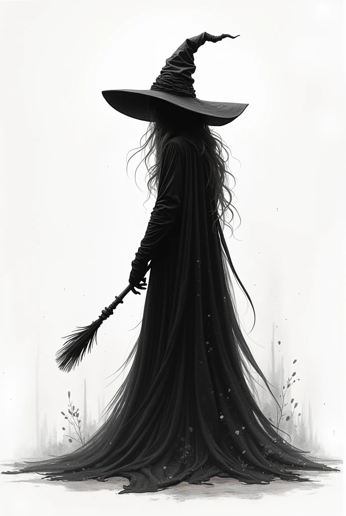 Create a simple and elegant witch silhouette logo, shedding black tears. The design should convey a strong sense of sadness and melancholy, using a minimalist approach with clear lines and using only black