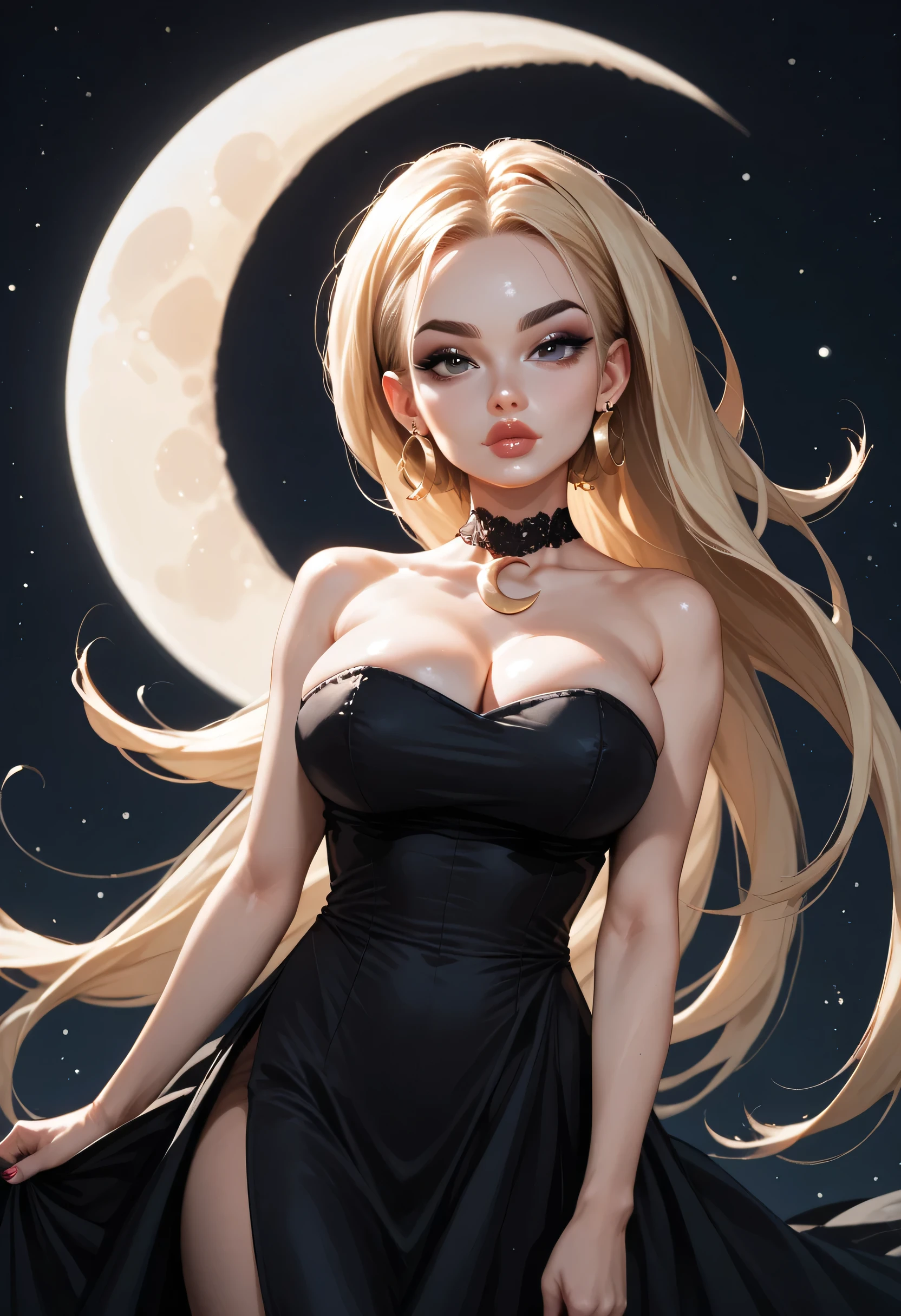 moon, 1girl, full moon, solo, strapless, strapless dress, dress, sun, crescent moon, blonde hair, slick back hair, (forehead), bare shoulders, earrings, black dress, lips, makeup, looking at viewer, circle, (huge breasts)