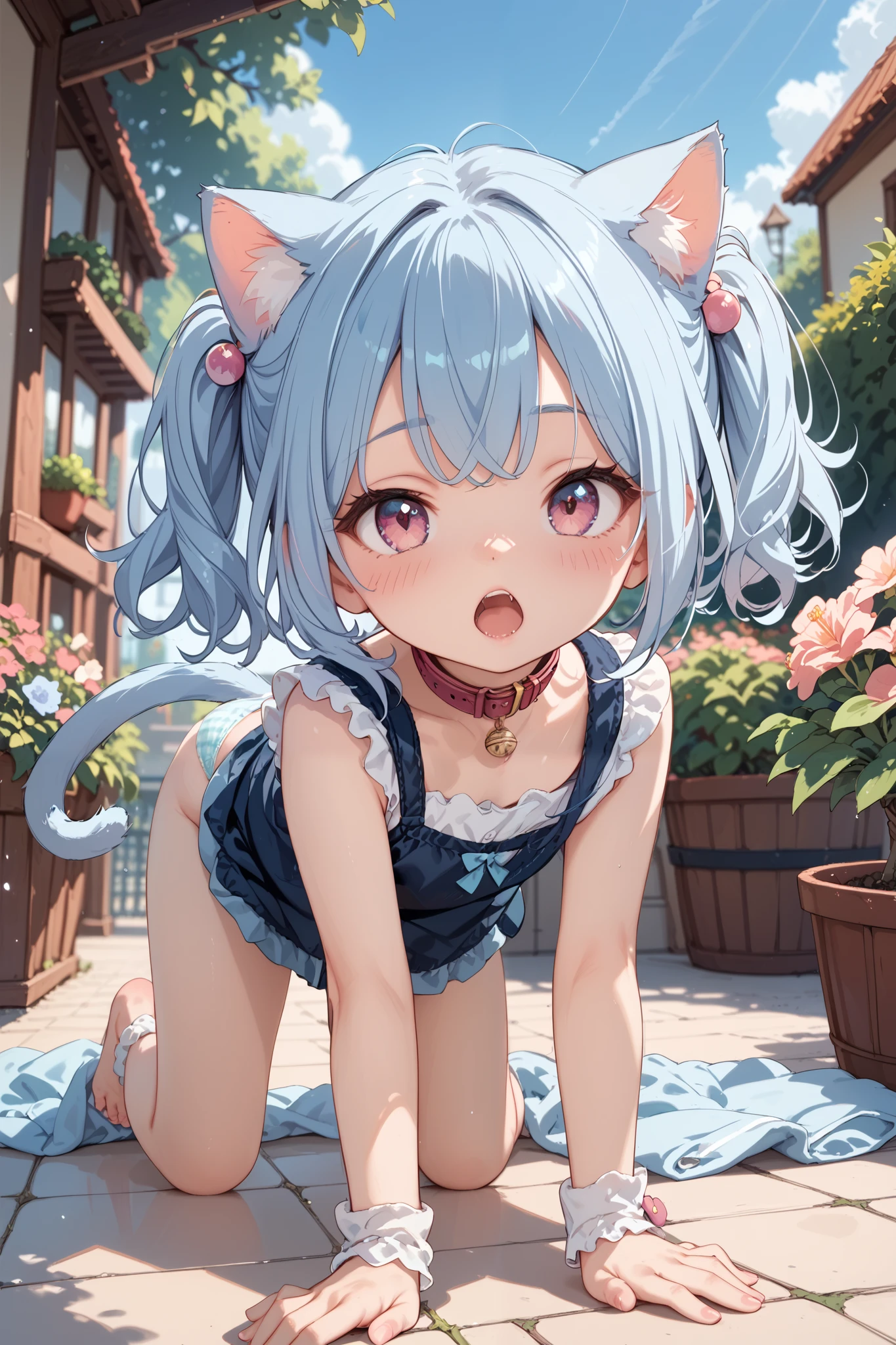 ,garden,blue hair,pink eye,collar,cat ears,cat tails,petite girl,blush,white filled panties,all fours,open mouth