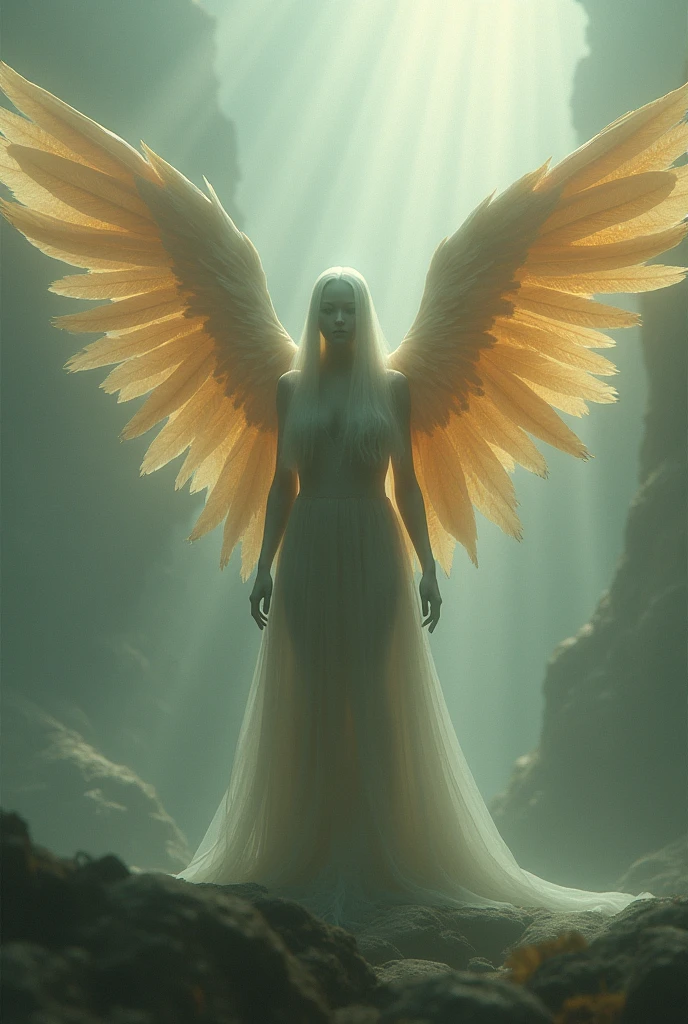 Create an image of a symmetrical figure with angelic wings and anatomical details exposed, standing in a powerful stance on a checkered floor. The setting is dimly lit, and there’s a subtle halo floating above the figure’s head. The overall tone conveys a blend of mythical grace and intense determination. The figure’s wings are large and detailed, with almost realistic feathers. The figure is standing with one arm raised, holding a mystical artifact, and the other arm extended forward as if casting a spell. The halo is a soft golden color, emitting a gentle light that slightly illuminates the figure’s head. The color palette consists of dark and muted tones, predominantly grays, blacks, and dark blues. The wings are a pearly white, contrasting with the dark background. The figure’s skin is pale, almost translucent, standing out in the somber environment. The floor is a black and white checkered pattern, and the lighting is soft and diffuse, creating deep shadows and a mysterious atmosphere. The background is dark and nebulous, adding an air of introspection and mystery to the scene, reminiscent of the intense and supernatural atmosphere of ‘Constantine