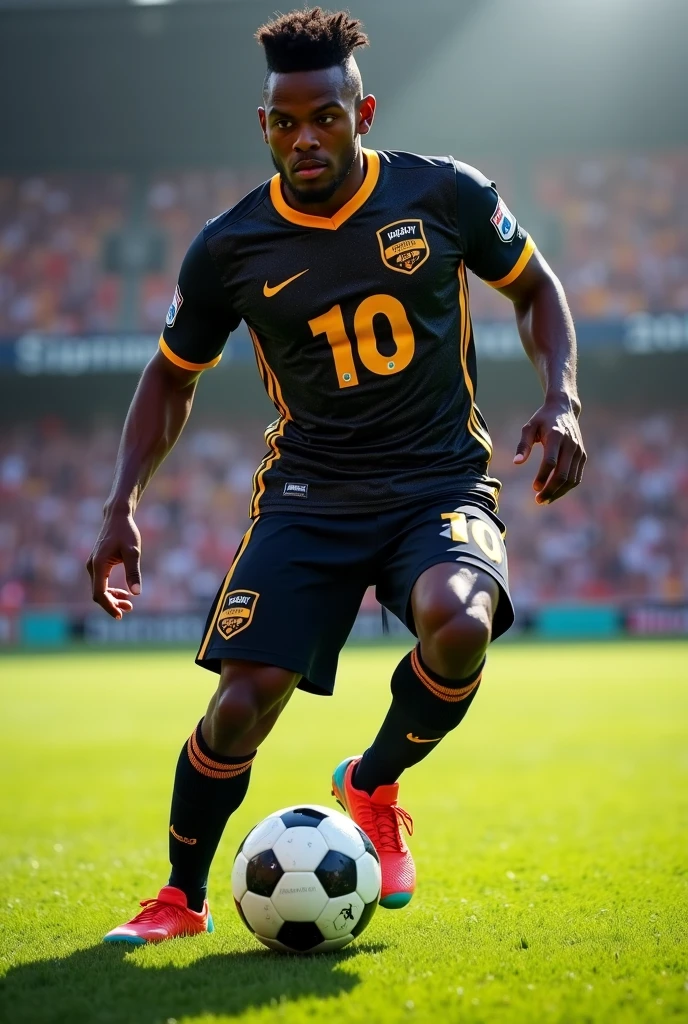 Soccer uniform, golden shirt with black details and black number on the center , black short with golden details, black socks, no sponsors