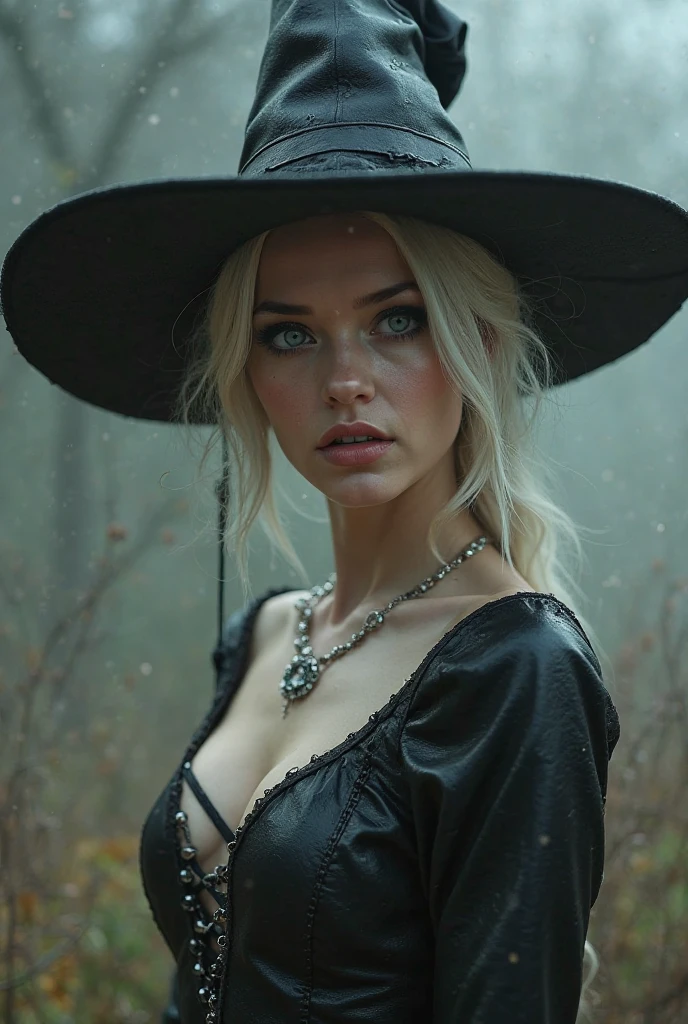 (A white-haired demonic woman)(best quality,ultra-detalhado,Realistic:1.37),Demonic Witch(demoniaca:1.1)(Magic:1.1)(floresta)(Sombrio e misterioso,Atmosfera sinistra),cabelo branco vibrante(cabelo branco rodopiante)(flowing white hair),olhos azuis penetrantes,Manto escuro elaborado,brasas ardentes rodopiando(Magic Embers:1.1)(brasas brilhantes), sombras sinistras,supernatural presence(Presence),anoitecer ao fundo(Noite escura:1.1)(floresta mal iluminada),folhagem exuberante e densa(twisting trees)(Mystical Plants:1.1),(Rotating particles)(floating particles),(Ethereal:1.1)(brilho suave),Faint moonlight breaking through the trees,assombroso e cativante(atmosfera assustadora),beleza encantadora,ampla gama de cores(vivid colors)(cores contrastantes),Mystical Kingdom,detalhes impressionantes,dynamic compositing,Trabalhos hipnotizantes,Estilo fotorrealista(estilo piCasso),Impressive shading and lighting,energia explosiva,magical ambiance(atmosfera de fantasia),dreamlike scene: witch hat, vestido longo cobrindo as pernas, Uma bruxa bonita e sexy tirando a roupa para seduzir o espectador que a assiste., She's wearing a black dress made of smoke, estilo surreal, e vai tirando aos poucos, Your eyes are bright blue like a vampire, She's in the dark, Lugar abandonado em um lugar abandonado, A mist spreads through the air making the scene more mysterious and frightening. Ela tem lindos seios grandes e pesados e uma cintura fina, seus longos cabelos brancos voam como em uma ventania leves como o ar, Their skin is very pale and soft. Malevolent Style