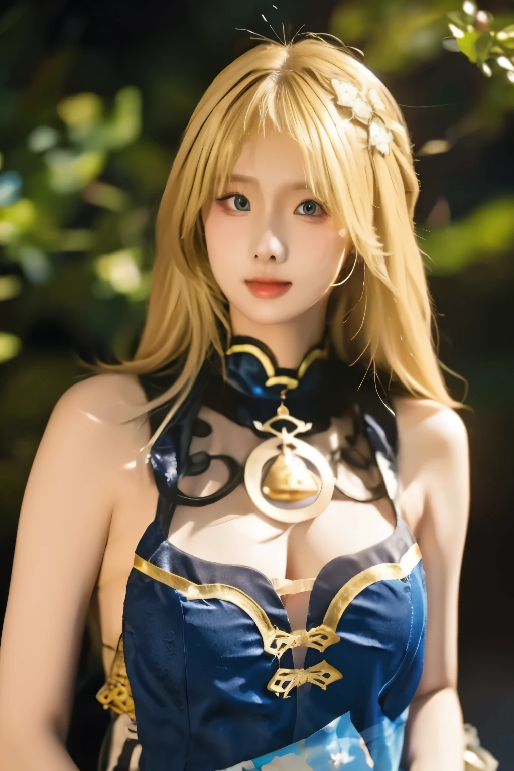 Gorgeous Girl, Beautiful, Baby Face, 20 Years Old, White Skin, Movie Lighting, Futuristic, ((Cleavage)), ((Green) Short Dress), Gold Eye, Muscles, Bokeh, Masterpiece, Medium Bob, White-Gold wavy Hair, standing in front of solid white background