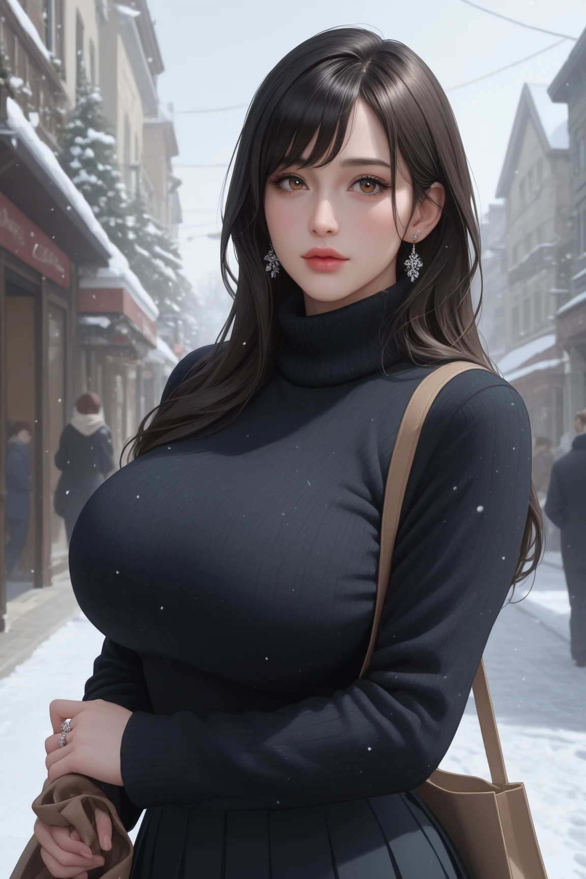 Night, winter, christmas market, voluptuous woman with a curvy body, wearing a top, winter coat, tight pants, long hair, Skating on an ice rink, bokeh, depth of field,