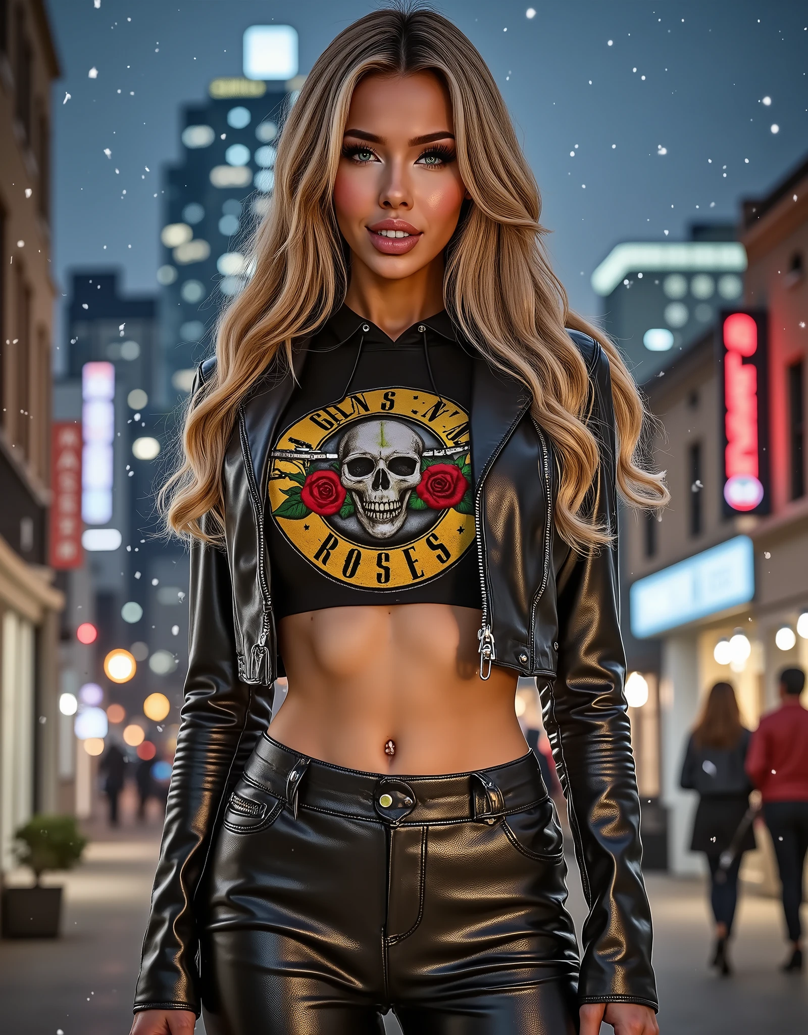 Brittney Kade, woman, wearing a cropped leather moto jacket with detailed zippers worn over a Guns & Roses cropped hoodie. The jacket should look glossy and high-quality with light reflections emphasizing its texture, black pvc latex wetlook leggings, (wavy hair), light makeup, power pose, flirting with the camera, on a rooftop, city detailed scenario, city lights detailed background, night sky filled with stars and moonlight, side proflie