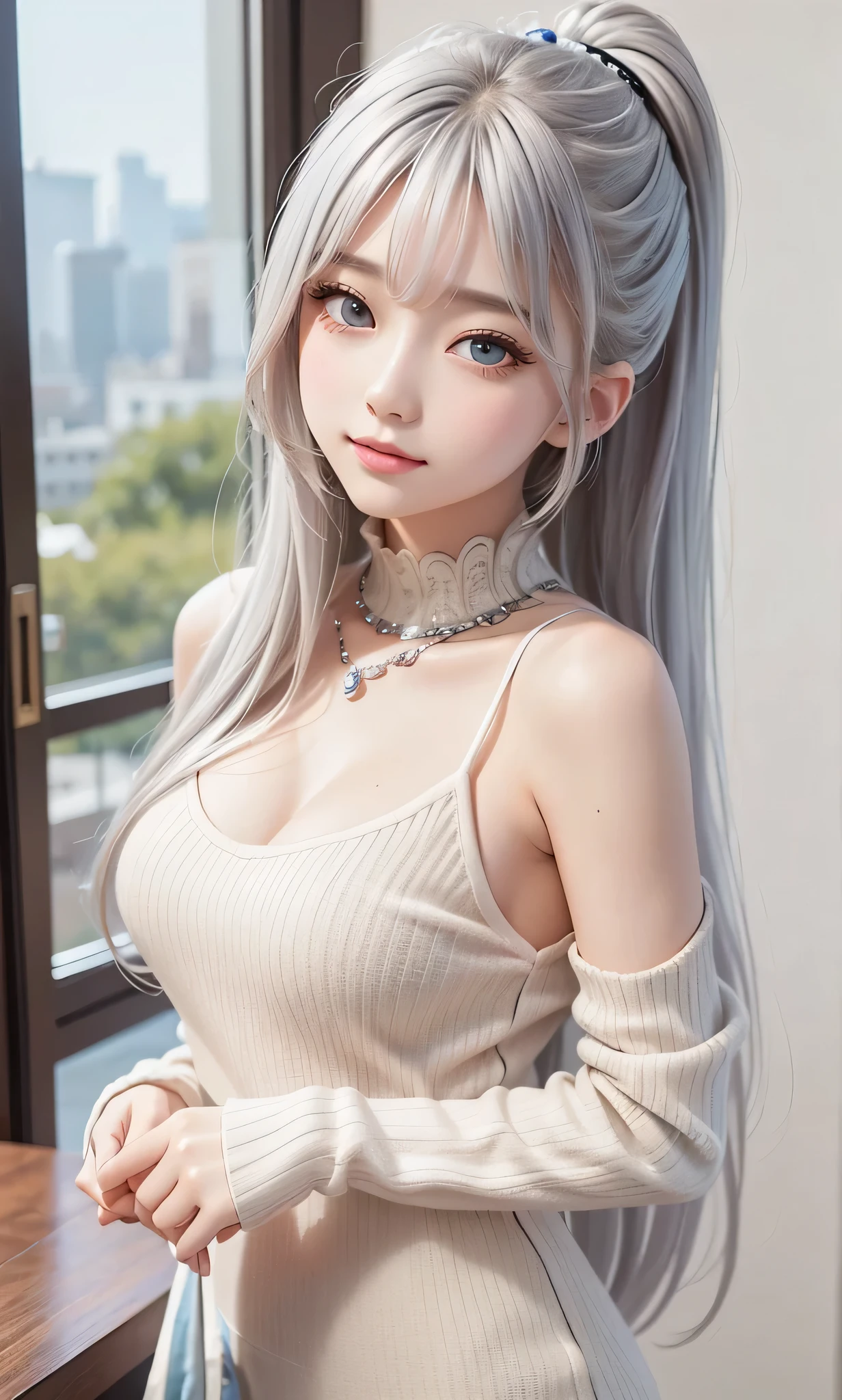 There is a girl in a white dress, artwork in the style of geezer, geezer on pixiv artstation, geezer on artstation pixiv, geezer, Fantasy art style, geezer masterpiece, A beautiful and graceful queen, Beautiful character drawing , detailed digital animation art, silver hair 공주, gray hair, light blue eyes, pink lips , sweater, times back , silver hair, ponytail, bangs
