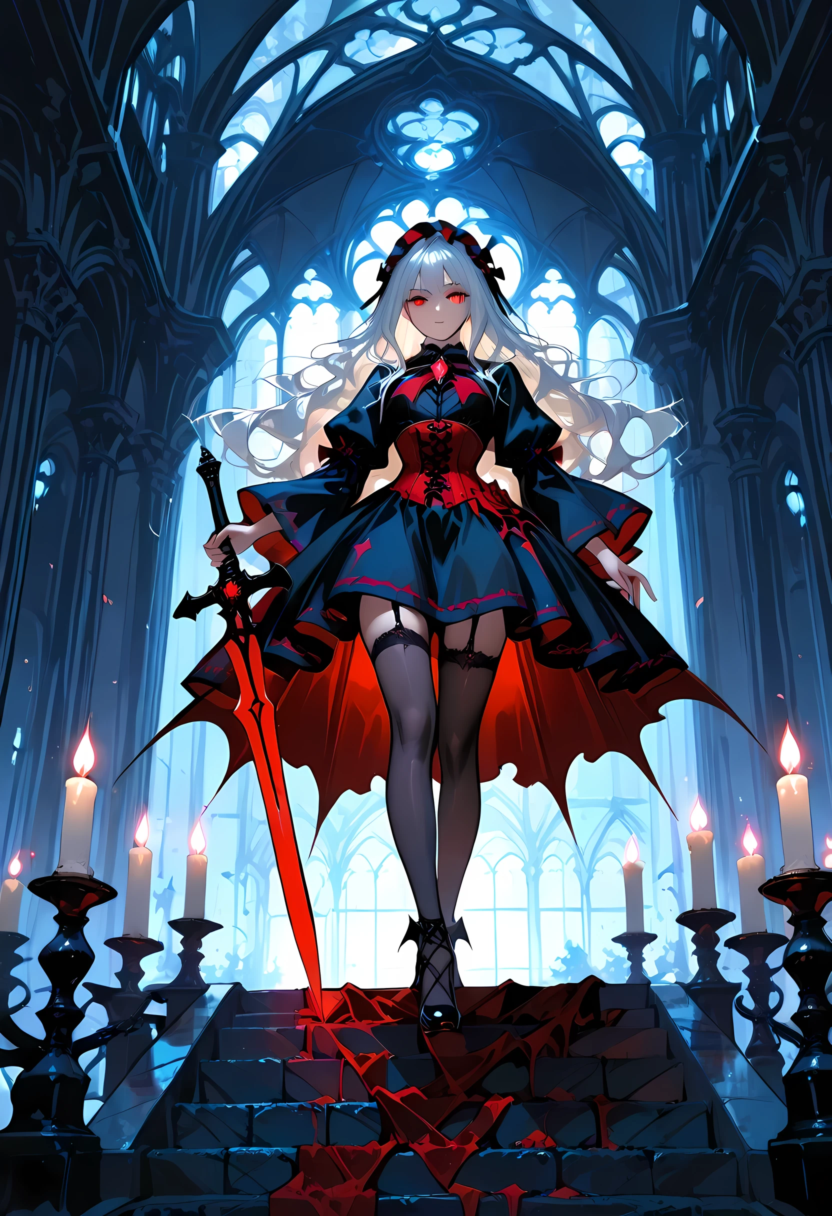A model shot of an exquisite beautiful goth olo female vampire, ultra feminine, full body, busty woman, most beautiful face, glowing red eyes, long hair, wavy hair, wearing red silk corset, black stockings, wearing intricate high heels, in her castle, holding a dark sword, light make up, goth castle background, lit by candles, there are stains of blood, RAW, award winning, of black and white filter, picture taken from dynamic range, ultra wide shot, photorealism, depth of field, hyper realistic, 2.5 rendering, Cinematic Shot, commix style, Vampire Dress