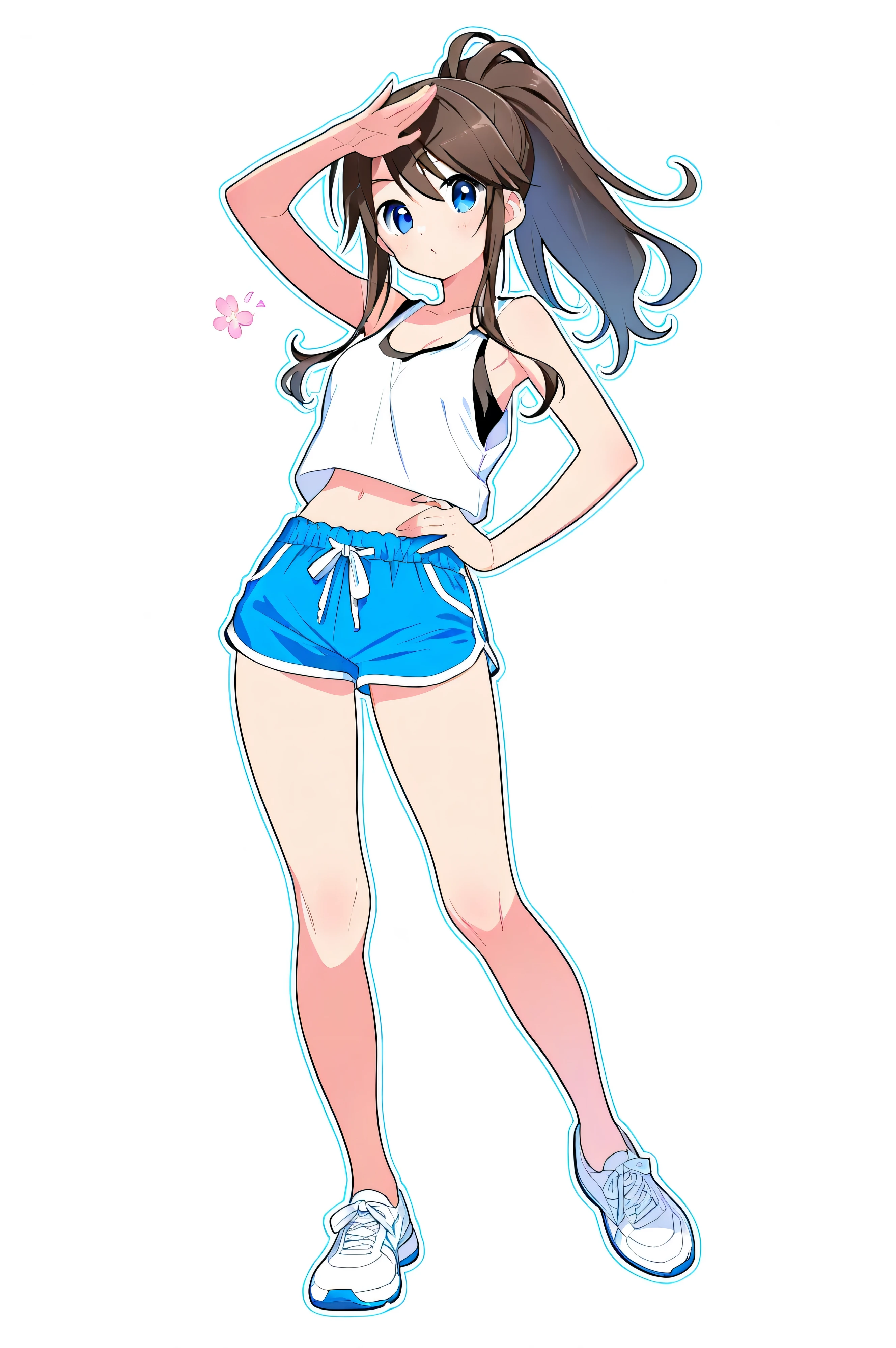 high image quality、、white background、22 years old、solo、full body、Thick outline,tank top、Ponytail、long hair、shorts for two、 college student