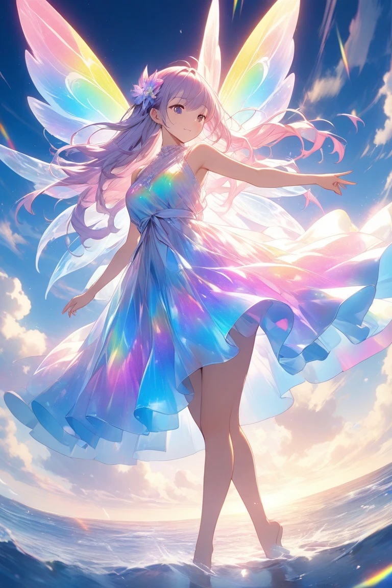 rainbow色の傘、Angel Umbrella, Detailed landscape, sunrise, rainbow, Rainy Town, horizon, In the sky, cloud、rainbow色のcloud , Lens flare, colorful, An atmosphere full of dreams and hope,masterpiece.16K, Ultra-high resolution, to be born,wonderful ,future、rainbow色の、The world 30 years from now。
