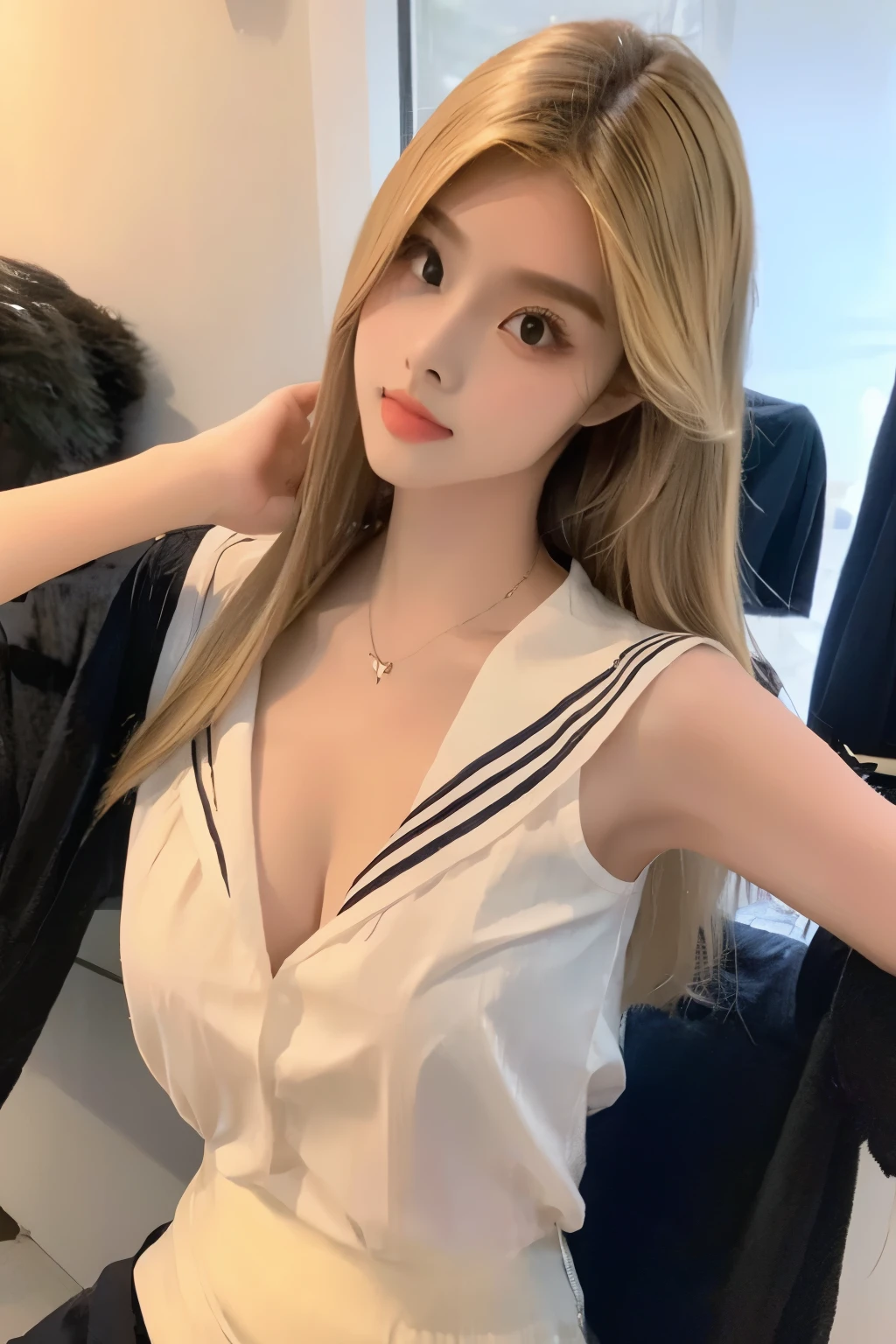(Cowboy Shot:1.3),( Masterpiece, Highest quality), 98k, ((Perfect Anatomy:1.2)),Beautiful Japanese Women, Succubus,(One person:1.3), 20-year-old, Small face,(Cute face:1.2),Smiling, Larger breasts, ,Beautiful and detailed eyes, Evenly spaced eyes 1.2, long platinum blonde hair,(Random Hairstyles), (Highly detailed face and skin texture), Beautiful face in golden proportions,White skin,(secretary:1.2),Random sexy poses、(Expose the valley:1.3),(Exposing your thighs:1.2),Gal Makeup