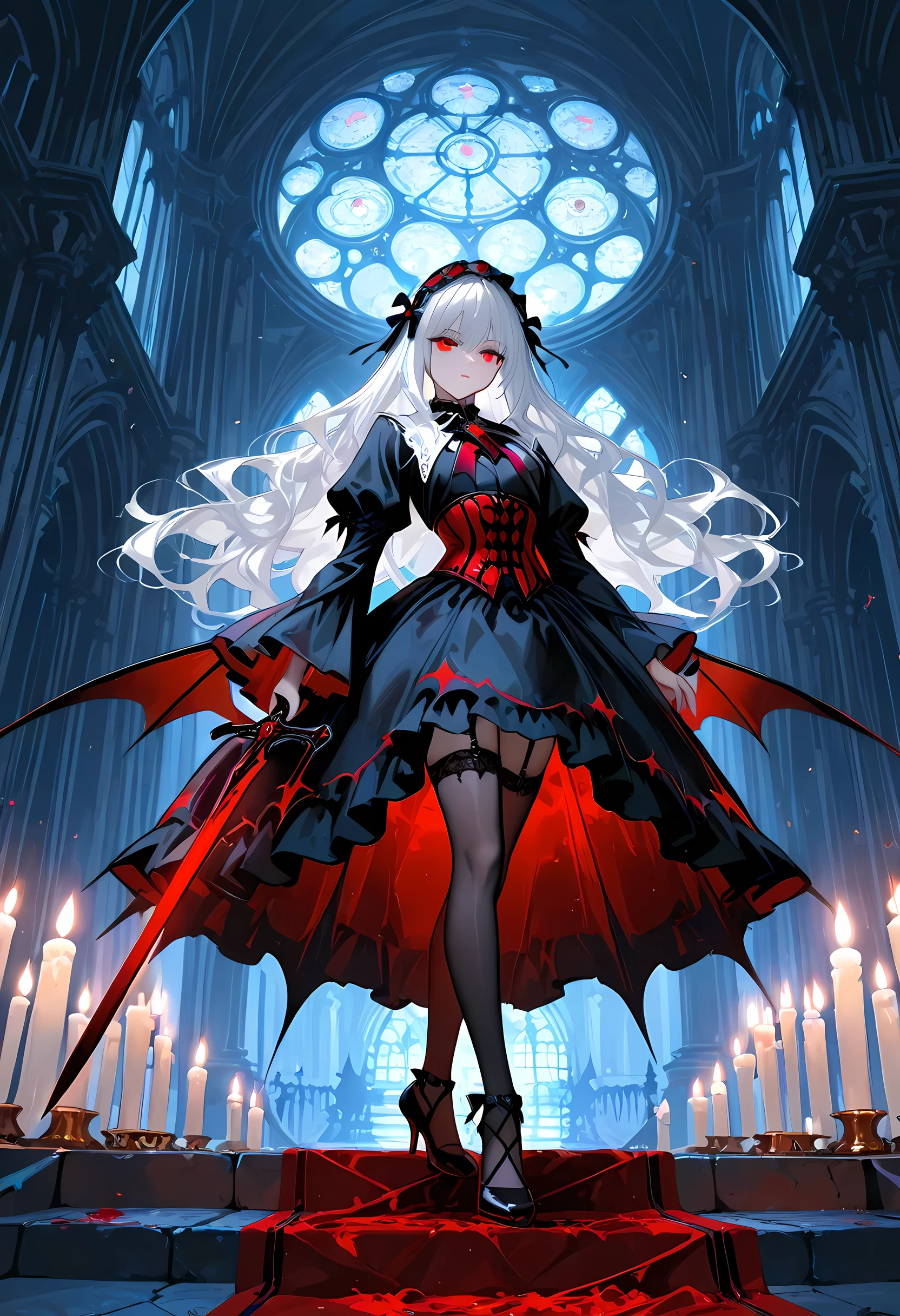 A model shot of an exquisite beautiful goth olo female vampire, ultra feminine, full body, busty woman, most beautiful face, glowing red eyes, long hair, wavy hair, wearing red silk corset, black stockings, wearing intricate high heels, in her castle, holding a dark sword, light make up, goth castle background, lit by candles, there are stains of blood, RAW, award winning, of black and white filter, picture taken from dynamic range, ultra wide shot, photorealism, depth of field, hyper realistic, 2.5 rendering, Cinematic Shot, commix style, Vampire Dress