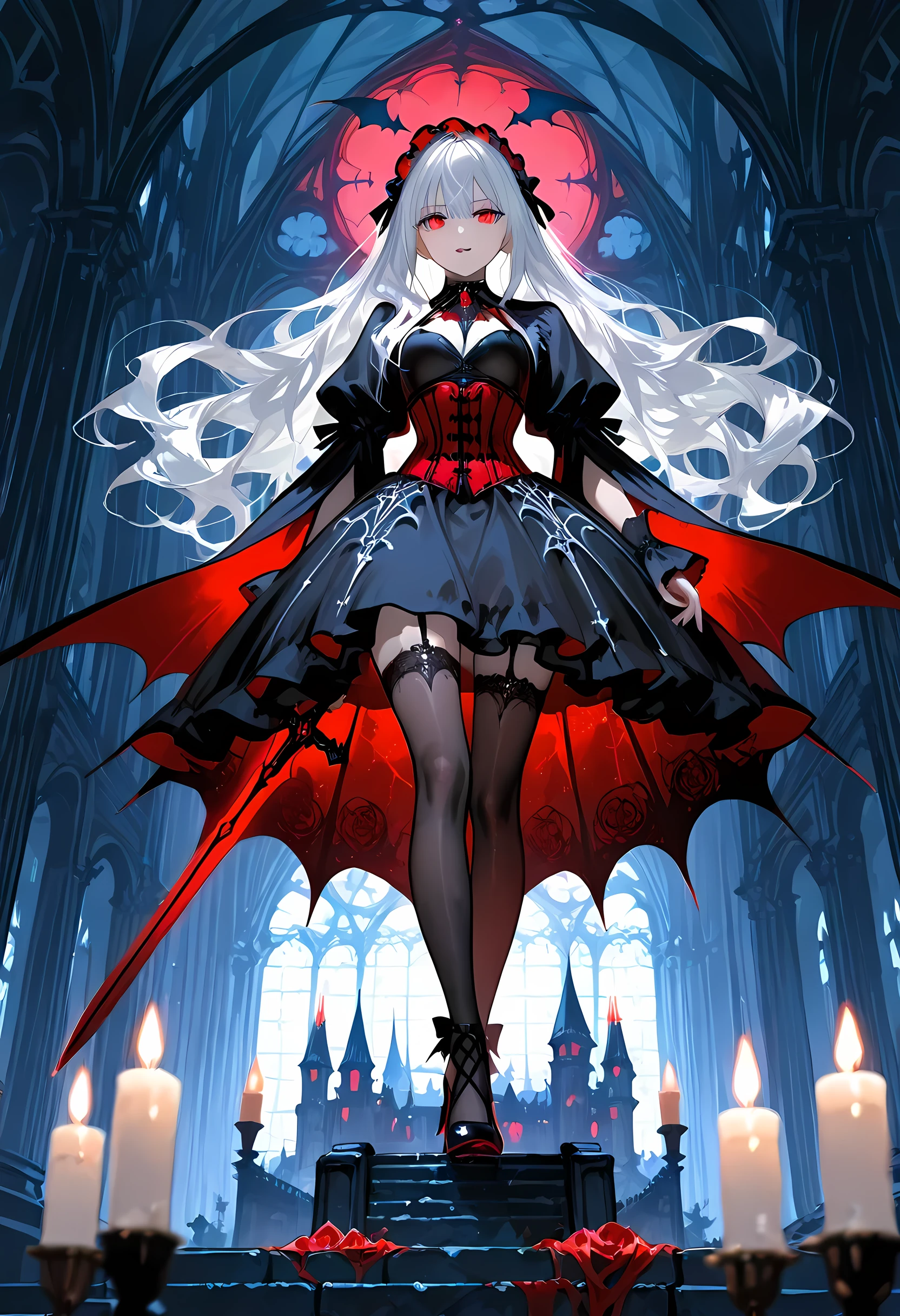 A model shot of an exquisite beautiful goth olo female vampire, ultra feminine, full body, busty woman, most beautiful face, glowing red eyes, long hair, wavy hair, wearing red silk corset, black stockings, wearing intricate high heels, in her castle, holding a dark sword, light make up, goth castle background, lit by candles, there are stains of blood, RAW, award winning, of black and white filter, picture taken from dynamic range, ultra wide shot, photorealism, depth of field, hyper realistic, 2.5 rendering, Cinematic Shot, commix style, Vampire Dress
