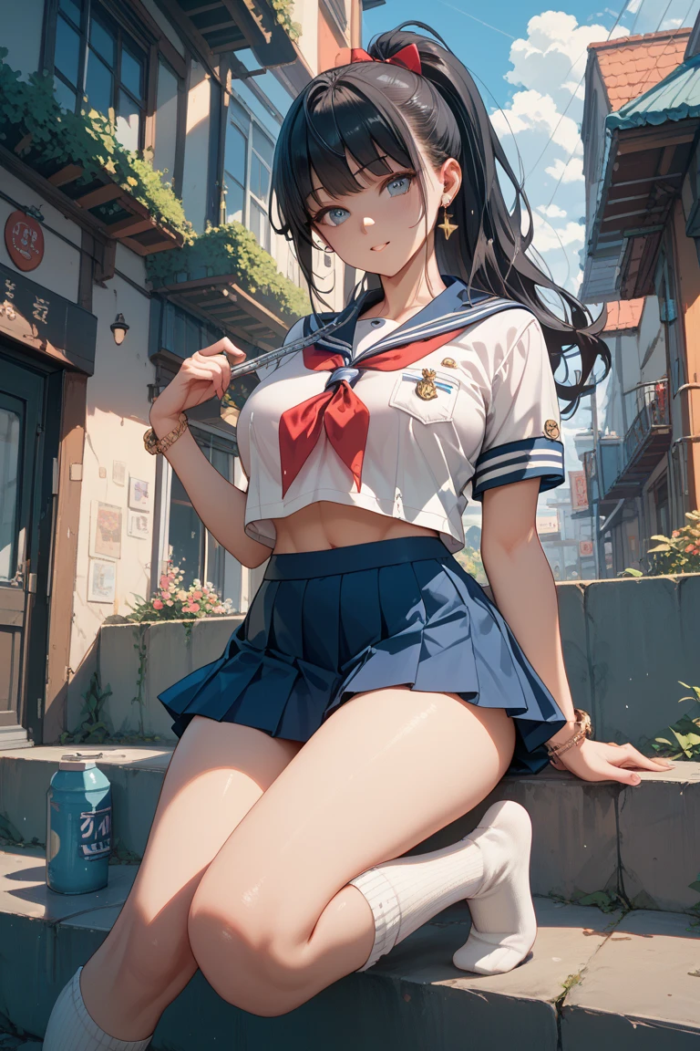 ((top quality, 8K, table top:1.3)), 1 girl, (medium breasts:1.3), realistic, High resolution, (Highly detailed face and skin texture), (lifelike face), perfect body proportions, (smooth skin, perfect skin, Whitening skin), (super detailed face), double eyelid, soft lighting, cinematic lighting, (blurred background:1.5), look straight at the viewer, (black hair, short hair, hair is dirty, Bangs hairstyle), (full shot, from below:1.1), buttocks raised, expose thighs, ((wind lift:1.6)), school uniform:1.3, Plaid and pleated skirts, (Student shirt under sweater vest:1.2), (See lace panties), (skirt tug:1.3)