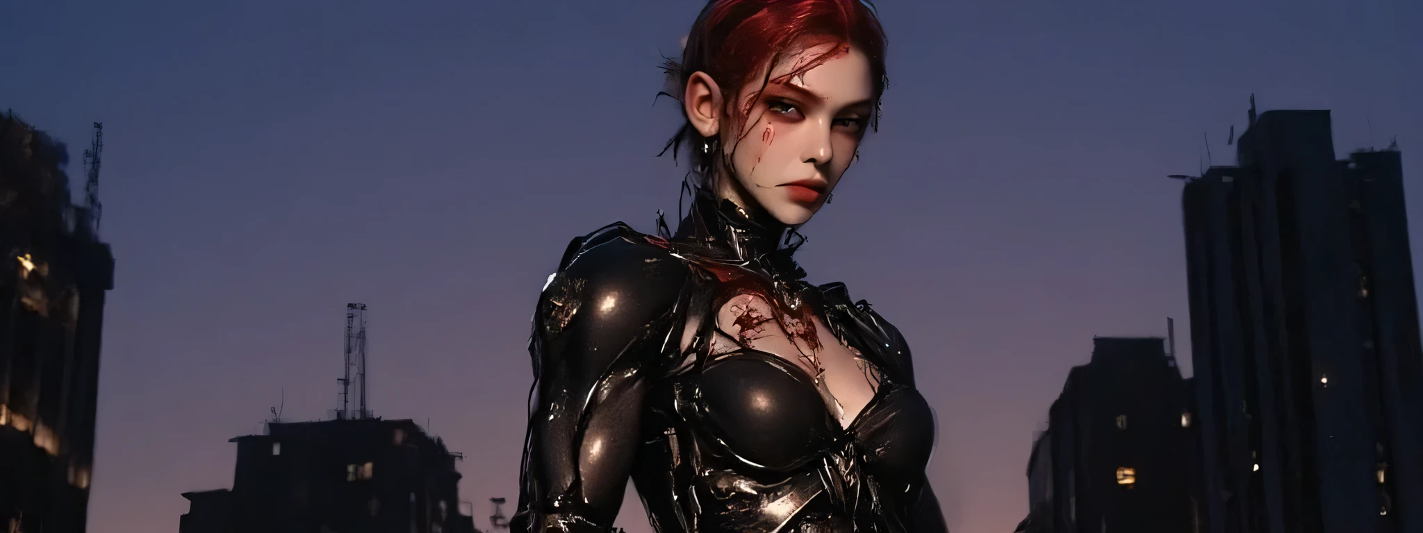 A woman in power armor and leather body suit, full body side profile. She is severely injured and bleeding, her suit is ripped and her power armor is broken and nearly destroyed. Her expression is grim, adding to a sense of power in the image. She has short hair with red tips. The overall atmosphere is dramatic and dark, the background features a silhouette of urban ruins against a twilight sky, contributing to a dystopian theme. The low-angle view enhances the strong and daring feel of the image.