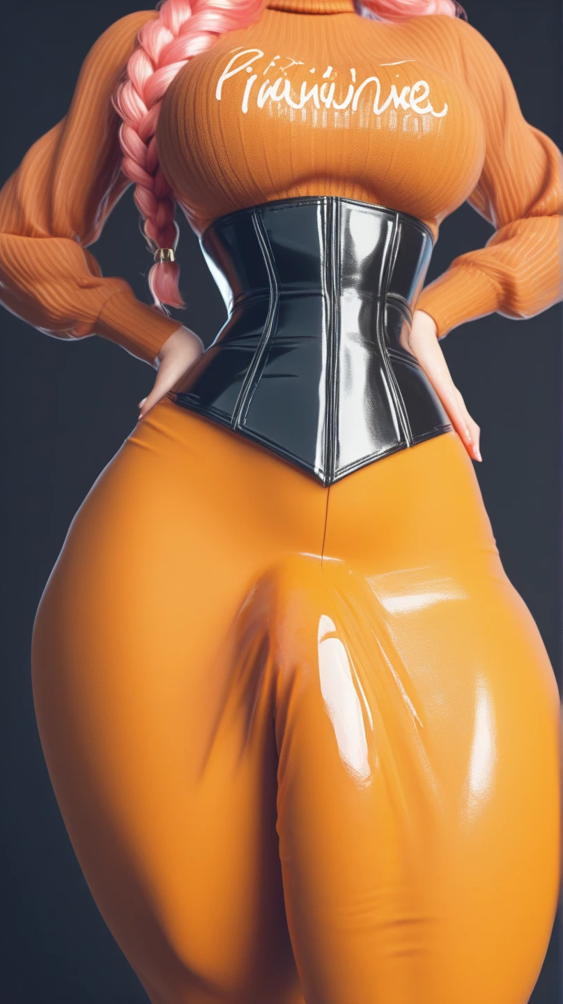 (photorealistic:1.4), (masterpiece, sidelighting, finely detailed beautiful eyes: 1.2), masterpiece*portrait, realistic, 3d face, good photo, 4k, high quality, high resolution, hyper detail, realistic, reality, smooth graphics, realistic sexy wears, 3D, best resolution, sexy, good contrast, perfect shading, realistic skin texture, finely detailed, dramatic lighting, realistic lighting, amazing shadows, sexy and hot, huge breasts about to burst, huge butts, thicc thighs, everything she wears is tight, shiny and skinny, , shiny hair, extreme shiny skin, tight skinny shiny latex long pants. back view