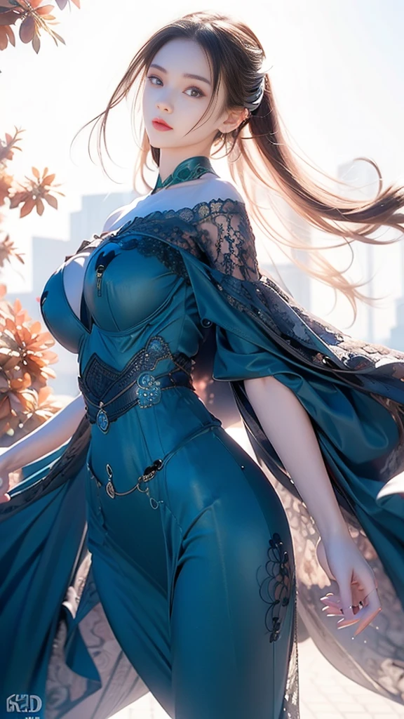photorealistic, high resolution, 1women, shining skin, solo, tattoo, jewelry, pink lip, long hair, blue eye, closed mouth, hips up, corset dress, cherry blossoms, huge round breasts