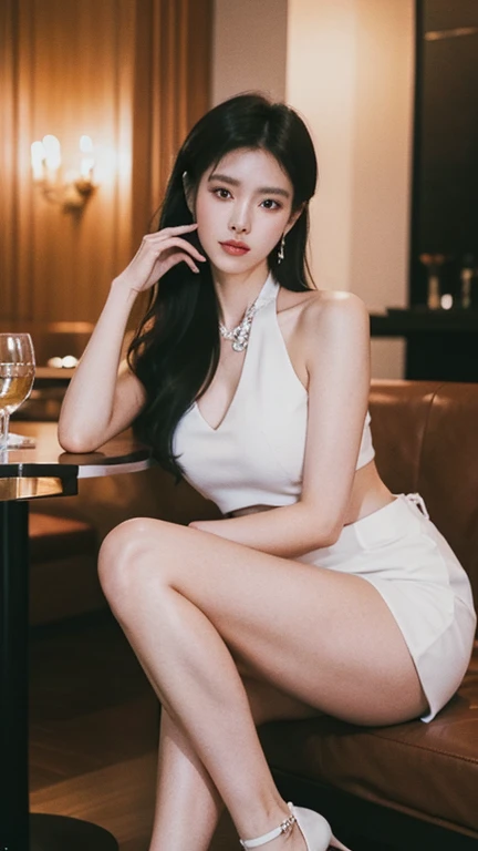 Tzuyu 1, woman, (realistic), (hyper realism), (photorealistic), Depth of the bounds written, eye make up:0.7 (whole body:1.2), (tight waist), looking at the viewer,at the racing track, lace queen, Sexy costume with open shoulders and chest
