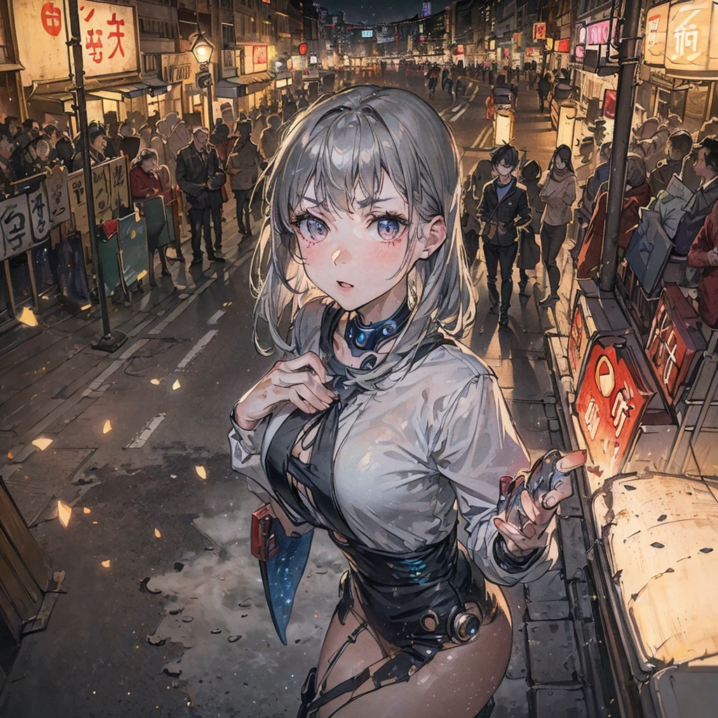 hiten kei style, claude monet, oil painting, night, denim pants, ((topless)), nsfw, masterpiece, street lamp, city, 1 girl, ????? nipples, intricately detailed, navel, bare shoulders, brown hair, necklace, extremely detailed, bare breasts, puffy nipples, yellow eyes, bare stomach, wet, wet body, medium breasts, arm strap, teen, soft eyes, open mouth, half open eyes, lusty eyes, blushing, head tilt, side bangs, huge nipples, bracelet, neon lights, belt, holding beer bottle, legs, standing, short hair, tongue out, long tongue