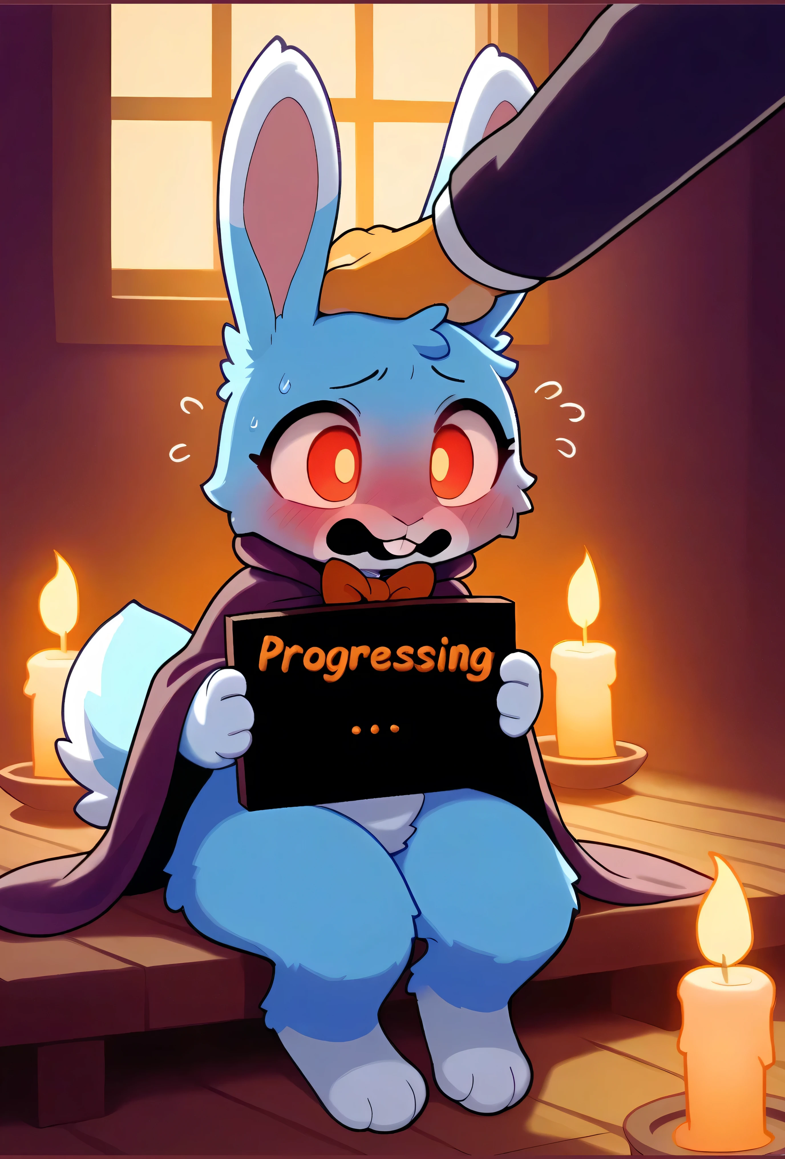 masterpiece, ultra-detailed, 4K render, horror night, warm cozy candlelight, glowing candles, wooden floor, spooky but cute indoor setting, 2_characters, KuroRabbi and ghost_girl together, two characters, chibi style, anime illustration, headpat moment, soft glowing shadows, magical, ghost plushie in the background, warm ambient lighting, (Horror settings:1.3), BREAK. [(character_1 rabbit, KuroRabbi, rabbit, anthro, DTkr, furs, buckteeth, slender, blue fur, paw, red eyes, Halloween cloak with orange bow, blushing, flustered, sitting posture, being patted on the head, wide glowing orange eyes, cute and nervous, holding a board_sign "Progressing ...")].