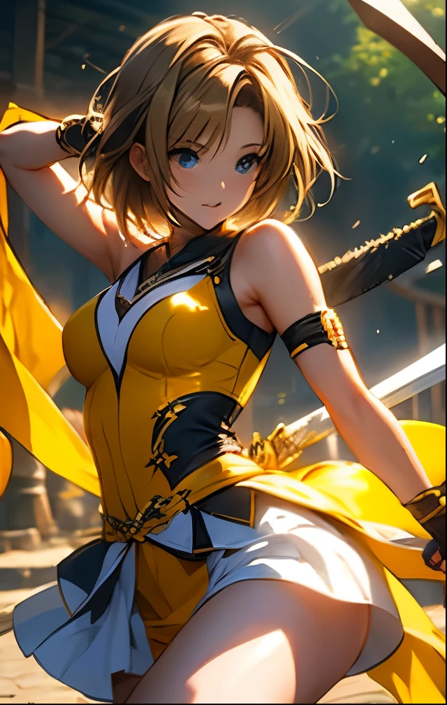 (((SFW、Highest quality、 first class masterpiece 、 Normal Body 、8k、 Detailed Faces 、super precise、 real color 、5refer to、Highest)))Haruka Takamori、Shennin Haruka、pretty girl、 Hair、Glowing Hair 、short hair、beautiful breasts、slender、 slim、Petite、 can be used、yellow High Leg Shinobi costume、During combat、kunai、Short sword、fast combat
