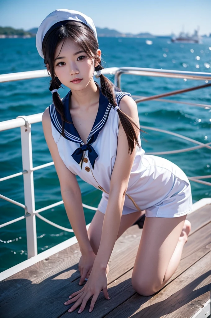 (top-quality)、 (masterpiece)、(Professional lighting with fewer shadows)、 (A hyper-realistic)、 (perfect anatomia)、
(There are two women in front of the camera), ( Huge breasts:1.3), (Bright and even whitening skin without wrinkles and steps), (Beautiful blue eyes with long eyelashes and red tear bags)、 (Her costume is naked, however, Only sailor collars are worn as small pieces of cloth:1.5), (Do the rough hawk pose:1.5), (Beautiful face in every detail),