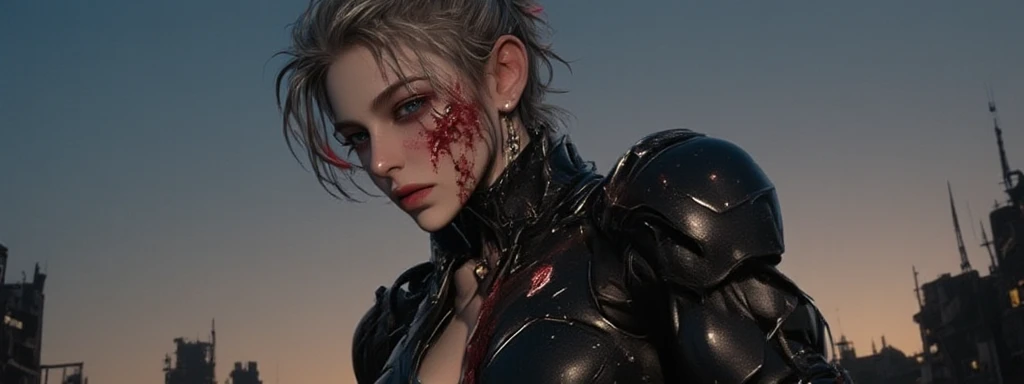 Beautiful Terminator female warrior in robot costume, glowing inside clear plastic armor, helmet, covered in blood stains, wounds, fluffy beautiful hair, perfect natural skin tone, exaggerated, precise. Photographic detail, Angra Kei, modelcore,, soft focus realistic