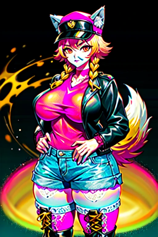 princess_daisy, orange hair ,earrings ,1girl, solo, black t-shirt, white shirt, blue jeans, belt, lipstick, large breasts, layered sleeves