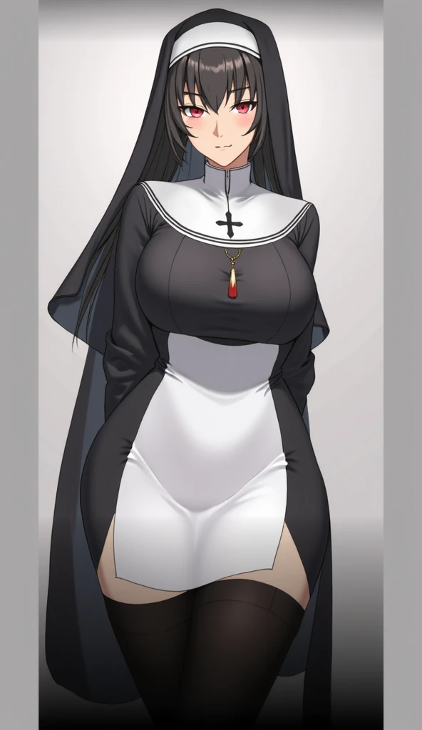 (((Alone))),(((Woman))),(((Big breasts))),(((Thin waist))),(((Large thighs))),(((Pale skin)) ),(((Gothic))),(((Black hair))),(((Blue eyes))),(((Wearing a nun's outfit)))