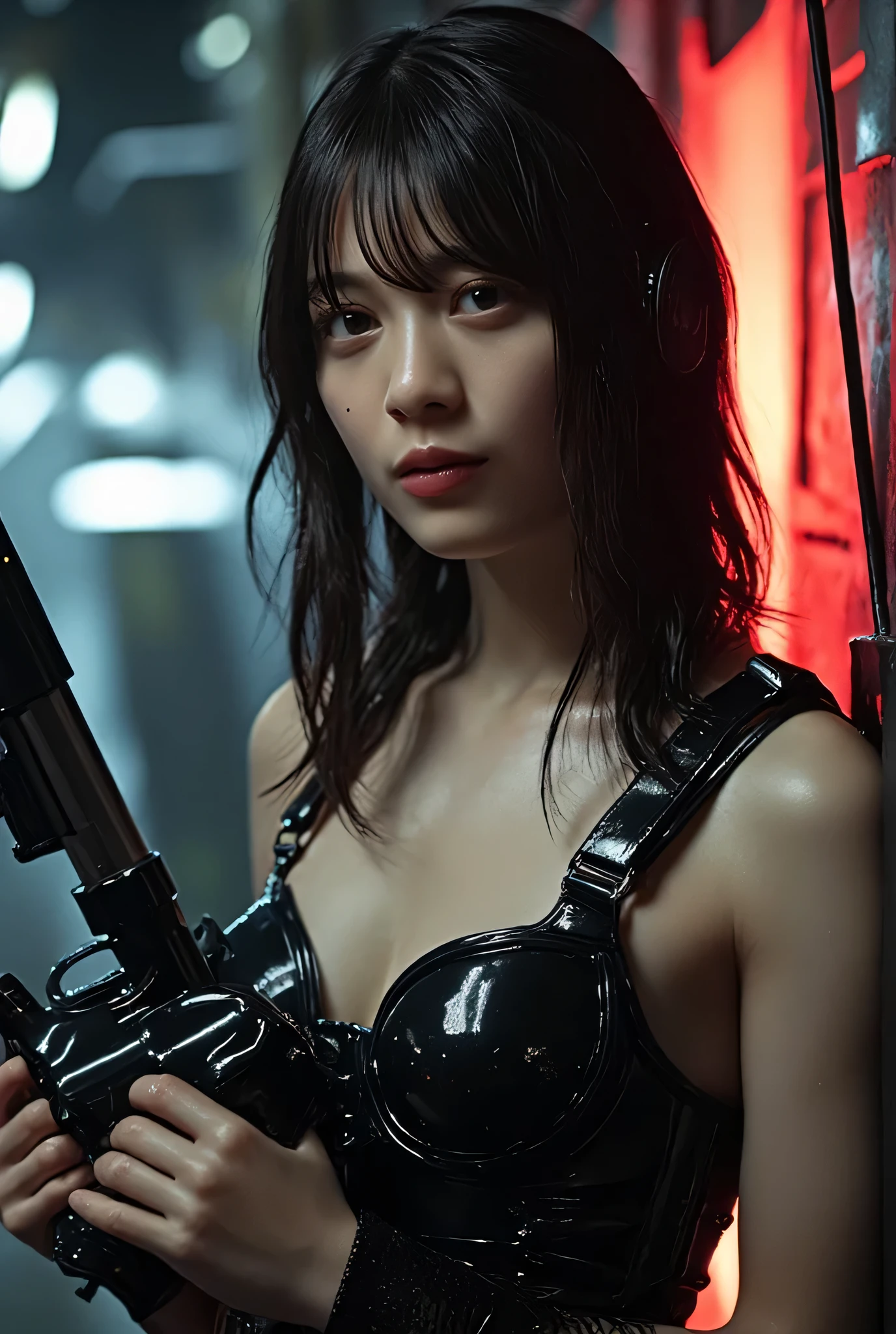 (((inside the dark spaceship Nostromo:2.0))),(((HR Gigger style cyberpunk vibe:2.0))),(((holding a cyberpunk-style laser gun:2.0))),(( pointing a muzzle at the viewer :2.0)), standing,((full body:2.0)),one woman,(cute faces:2.0),(Beautiful well-balanced face :2.0),((long hair with bangs:2.0)),(black hair:1.5),(beautiful eyes:1.3),glamorous shot of a 20 year old Japanese woman, Slender Beautiful Body ,((model body type:2.0)),((slim body:1.7)),Perfect Body Line,ideal proportions,((small breasts:2.0)),((Three sizes 84-55-85:2.0)),((B cup breasts:1.5)),beautiful breasts,Bare thighs,Sensual Thighs,delicate body,(Glutinous Flesh:1.7),harmonious posture,((Realistic breast depiction :1.7)),carefully depicting limbs based on perfect anatomy,((futuristic black super high leg leotard:1.5)),((body-fitting latex corset:2.0)),((black rubber nipples:2.0)),(ear monitor:1.5),((Tactical Holster:1.5)),((((Coarse mesh fishnet stockings:2.0)))),concept art,(best quality:1.5),(masterpiece:1.5),(超高resolution),resolution,UHD,(Delicate Description), carefully drawn with butterfly wings ,32k,((Realistic Skin Texture:1.5)),(((ultra-realistic:1.5))),carefully draw eyelashes,Highly Detailed Face,Highly detailed female hand, Sexy appearance ,very sensual,(Blurry Dim Backgrounds :1.5),professional photo shoot,(movie light:2.0),((Blade Runner style light:2.0))