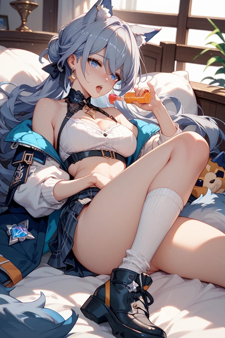 sculptures、Stripped sailor suit、a miniskirt、One Woman、A dog is eating food placed in the crotch of a woman 、beutiful breast、A woman is fainting、Woman spreads her legs in an M shape on the bed