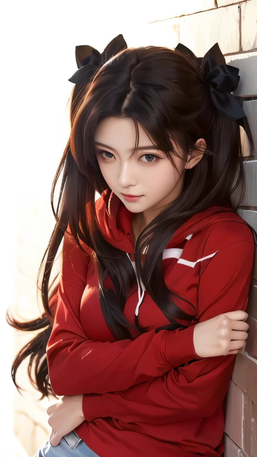 Beautiful girl with long hair and a red shirt leaning against a wall, rin tohsaka, style like fate/stay night, moe artstyle, cute girl, visual of a cute girl, beautiful girl with long hair, pretty girl, black haired girl wearing hoodie, fate stay night