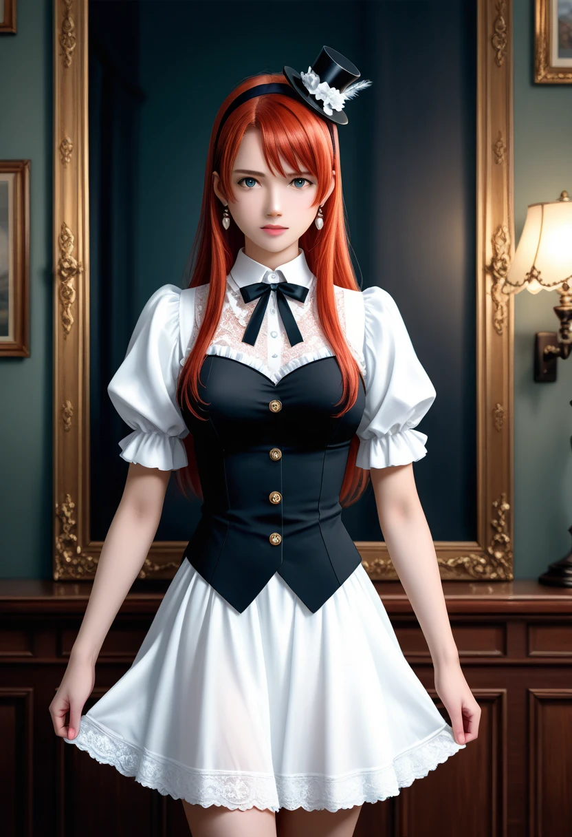 (ultra realistic,32k, masterpiece:1.2),(high detailed skin:1.1),( high quality:1.1),mature adult women,
<lora:llmaki-nvwls-v1:0.8>altidolMaki, frilled choker, mini top hat, black hat, frilled shirt, short sleeves, red bow, suspenders, red skirt, fingerless gloves, frilled thighhighs, (looking at viewer, sitting, crossed legs:1.1),,huge breast,large breast, ,<lora:add_detail:0.86>,
(soft shaded:1.1), blank background, blurry background