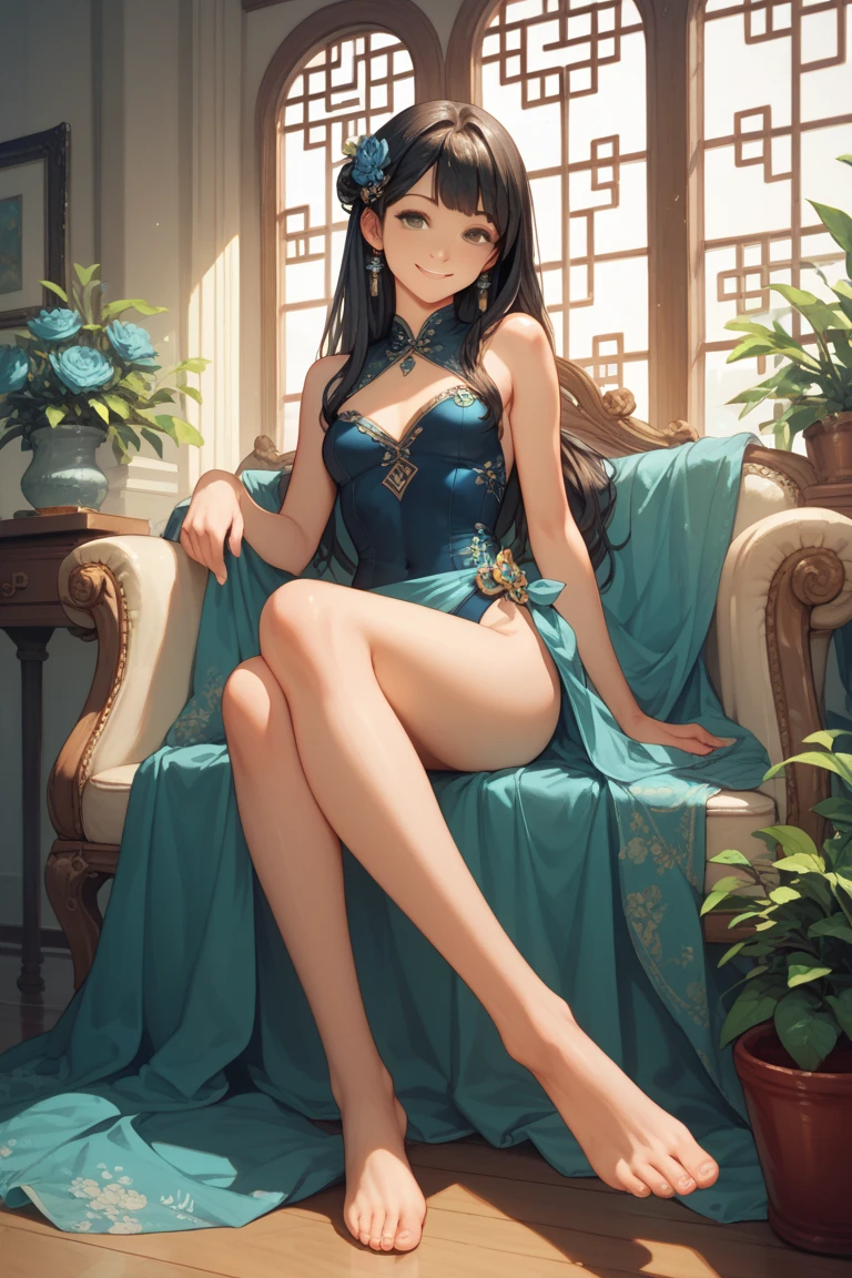 (Realistic:1.3), (masterpiece:1.2), High definition(photoRealistic:1.0), (highest quality), (Detailed skin:1.3), (Intricate details), Reduces light reflections, 1 woman, 19 years old, Detailed skin texture, (blush:0.6), Scattered beneath the surface, (smile), (Black Hair), (Straight Hair), medium Long Hair, (Calm hair), bangs, Hair between the eyes, Hair volume is low, Sparkling blue eyes, Lens Eye, Light reflection in the eyes, Symmetrical eyes, looking at the camera, hair ornaments, Wearing China dress, Floral prints on clothes, medium length Skirt, sleeveless, Side slits, ((whitish gold China dress)), She has only two legs, Two arms, Five fingers, Two joints in the fingers, barefoot, Depict the whole body, from back, Inside the room, ((Do not cover the crotch)), ((Whitish beige panty)), (vagina), Perfect body balance, beautiful legs, slim legs, open her legs very wide, ((move the panty to the side by fingers)), night room, Panties ceparate from clothes, vagina, left and right legs the same thickness
panties with a strap, big tits, (((finges in vagina))), ((panty on knees)), Natural light