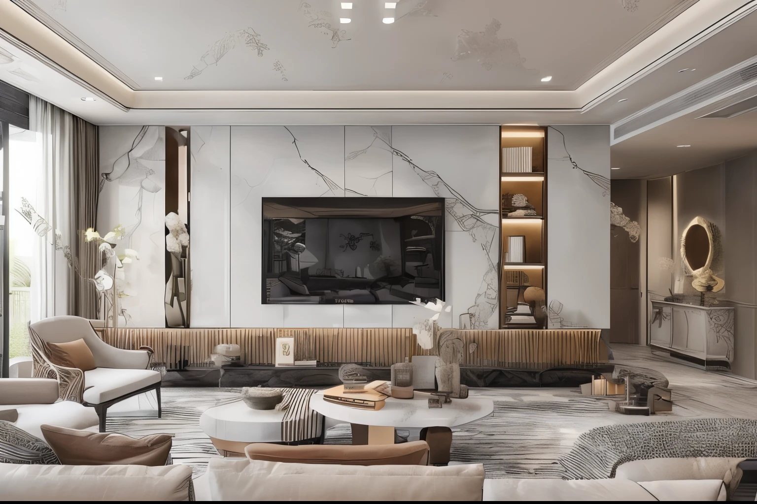 (( masterpiece)) (( ultral realistic)) (( sharp forcus)) (( high detail)) livingroom in indochina style,china , vietnam, black wooden furniture, wallpaper, patent,glossy, ceramic tiles floor,