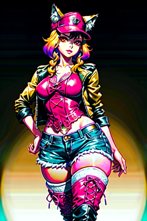 Imagine Princess Peach as a reveled female bounty hunter, with tattoos, in a crime neighborhood in a city and a cyber-punk era.