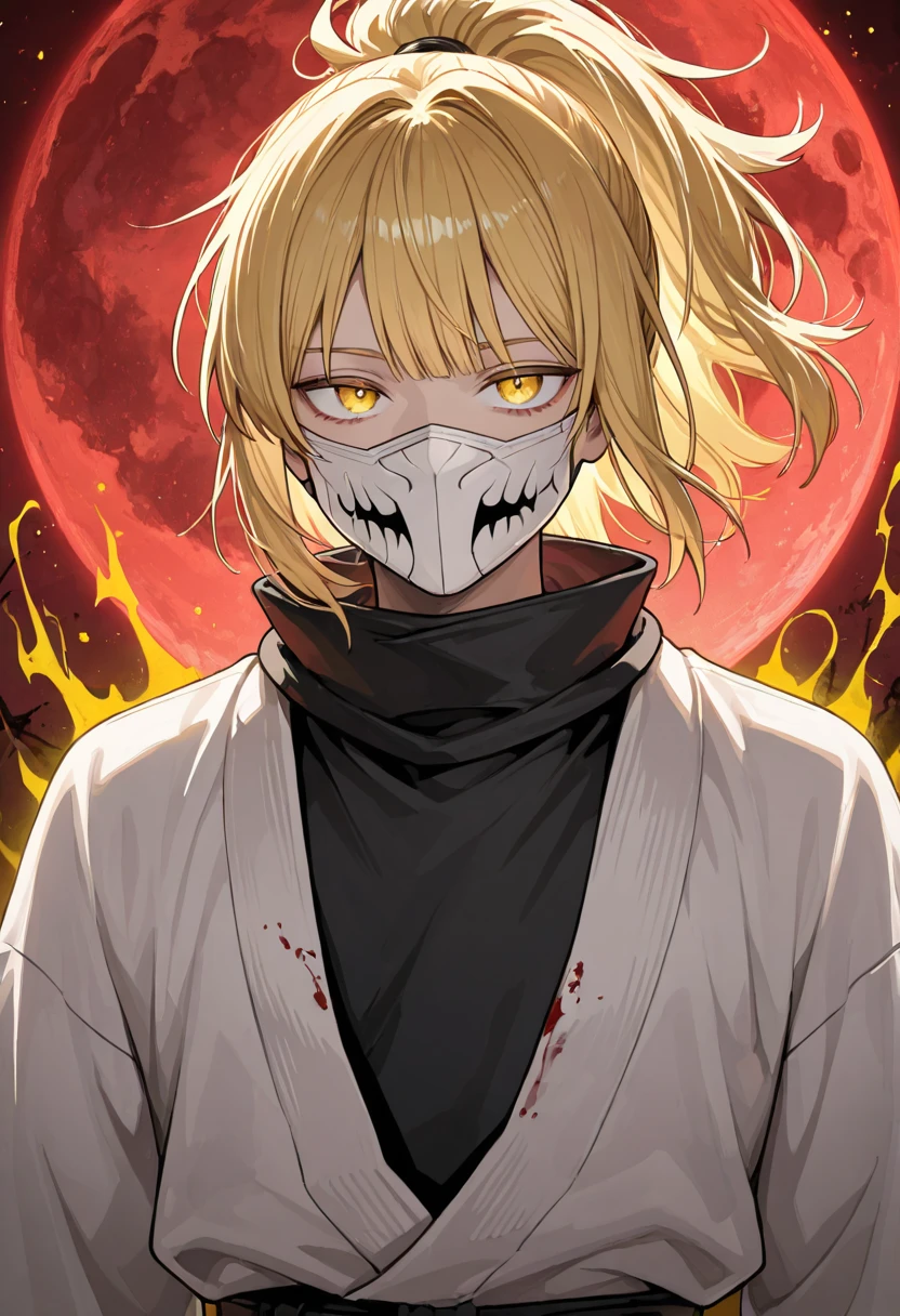 Demon mask, blonde hair side chignon, smile, white kimono, cute