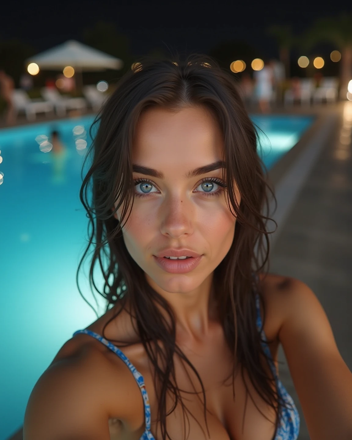 a medium shot of an ultra hot European gorgeous woman, a light brunette Instagram model, wearing a micro bikini, with a seductive look, smirking, (grining:1.2)g face. flirting with camera, closeup, she ´s on her all fours facing the camera with almost all of her  exposed. Outside on a Caribbean beach. ((At night, Summer Starry night)). Masterpiece, UHD, different facial expressions