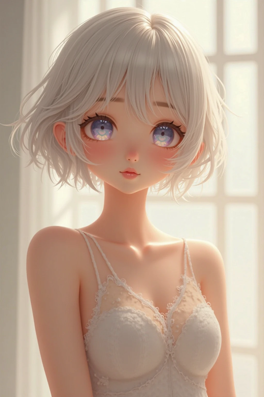 ((Highest quality)), ((masterpiece)), (detailed), A large amount:1.2),extremely detailed cute anime face, (((Flat Chest))), (Flat Chest:1.1),((((Short Bob Hair)))),Complex eyes,beautiful detailed eyes,Symmetrical eyes,(((detailed face))),beautiful detailed lips, If you look at this, (((Embarrassing))),(emotional expression),(My heart is pounding with anticipation.), A translucent white dress reveals her skin、String panties,one hand in panties,Filling condoms,Used Condoms