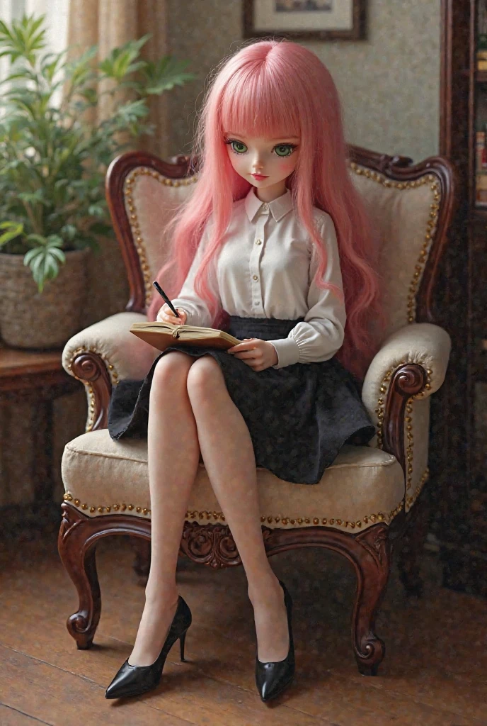 ((highest quality)), ((masterpiece)), (extremely detailed), kukolnydom, doll, mature woman, solo, from eye level shot, sitting on desk, green eyes, (looking down, blank eyes:1.3), light smile, pink hair, long hair, hairband, blunt bang, blue leotard, classroom, 8k